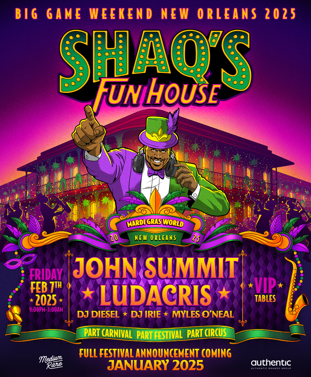 Shaq’s Fun House at Mardi Gras World with John Summit, Ludacris, & DJ Diesel Super Bowl Weekend 2025 – New Orleans, LA