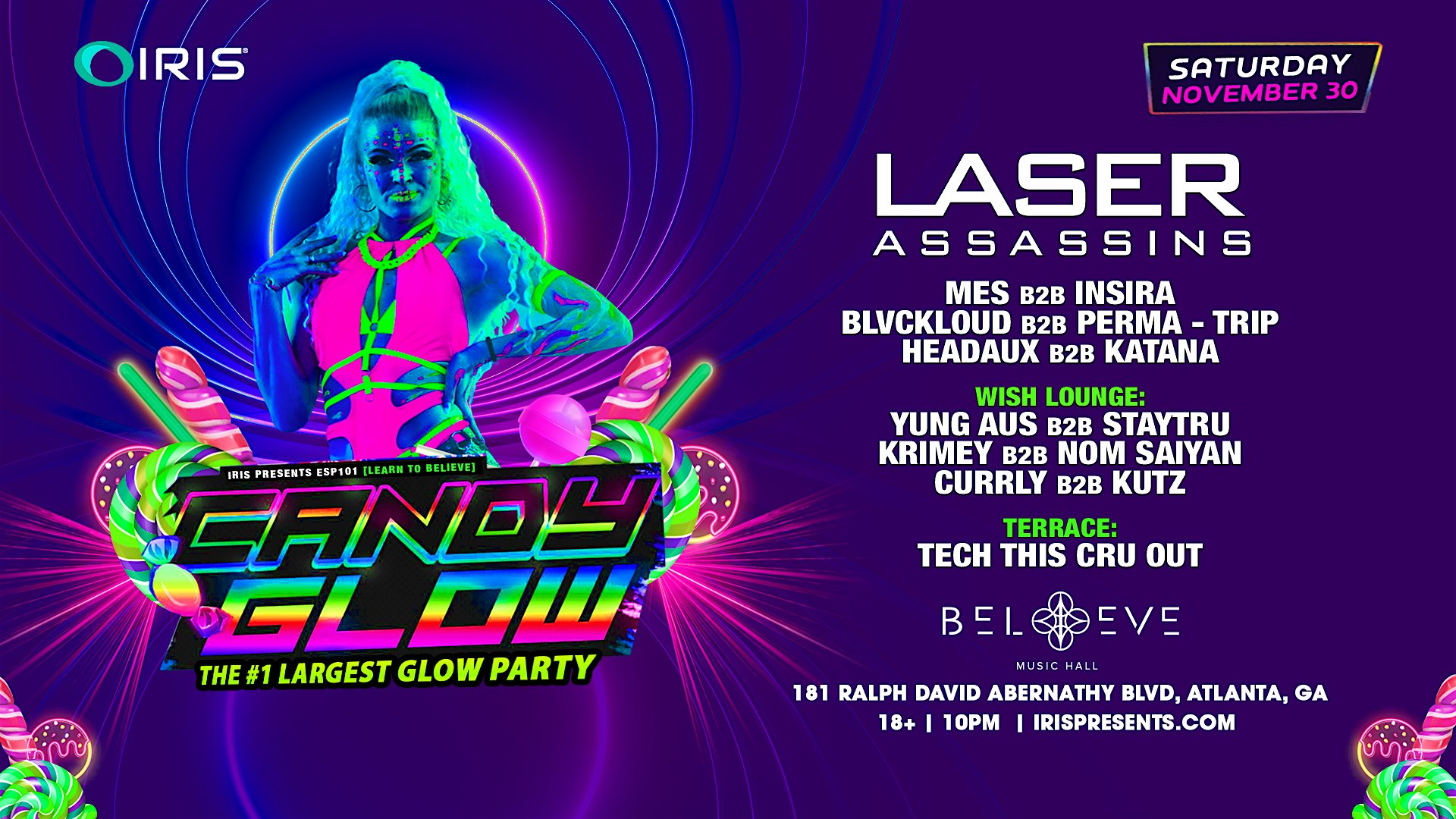 Iris Presents: Candyglow w/ Laser Assassins @ BMH | Sat, Nov 30th! – Atlanta, GA