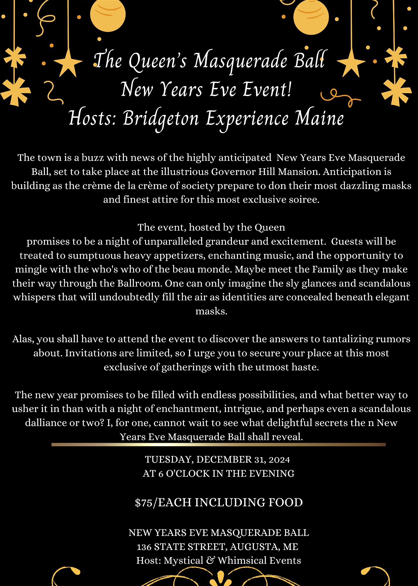 The Queen’s Masquerade New Year’s Eve Ball! – Augusta, ME