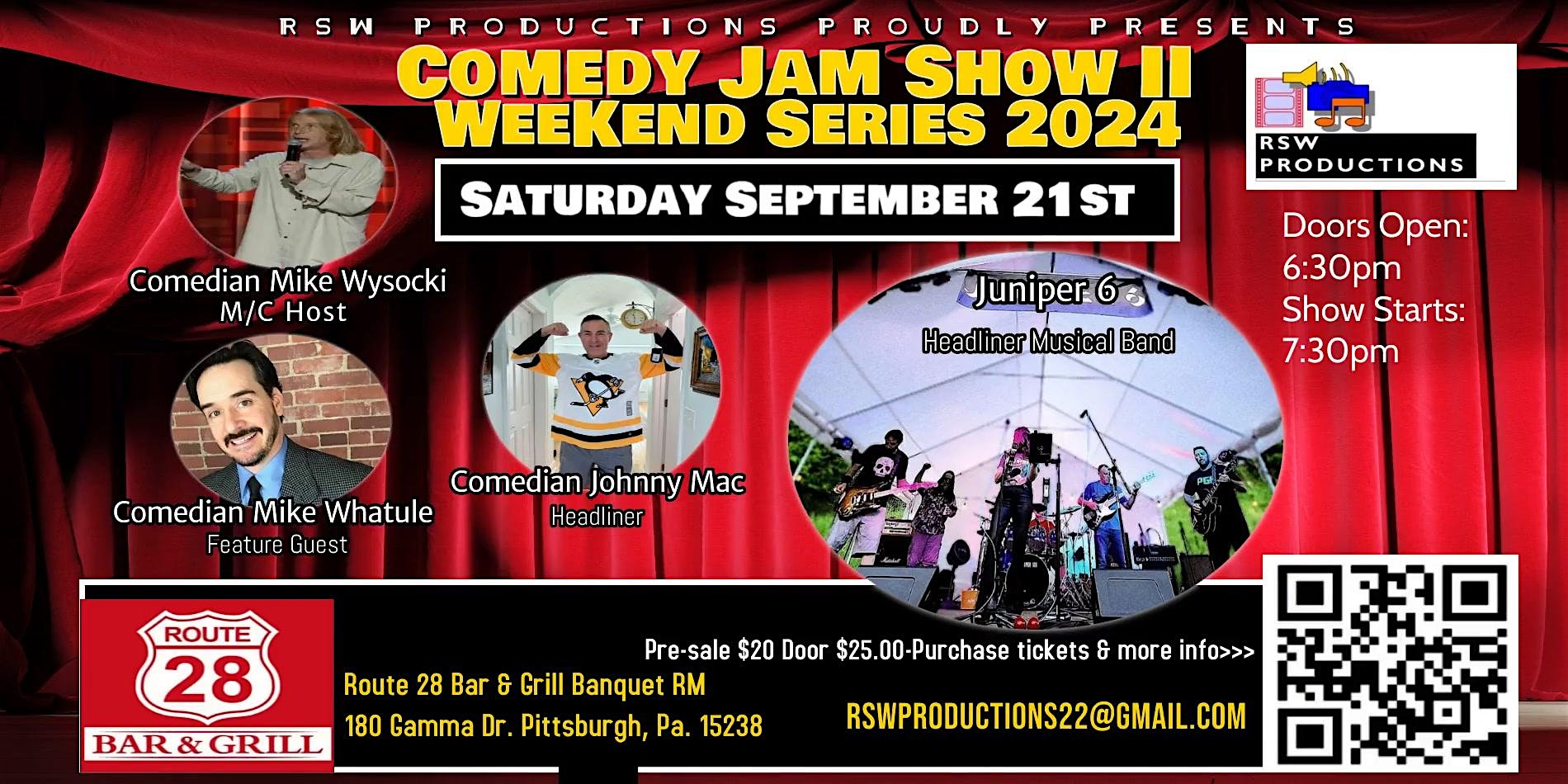 Purchase Comedy Jam Show II Weekend Series 2024 Comedians & Live Music JUNIPER SIX Tickets: Don't miss this upcoming 2024 Local Event in Pittsburgh