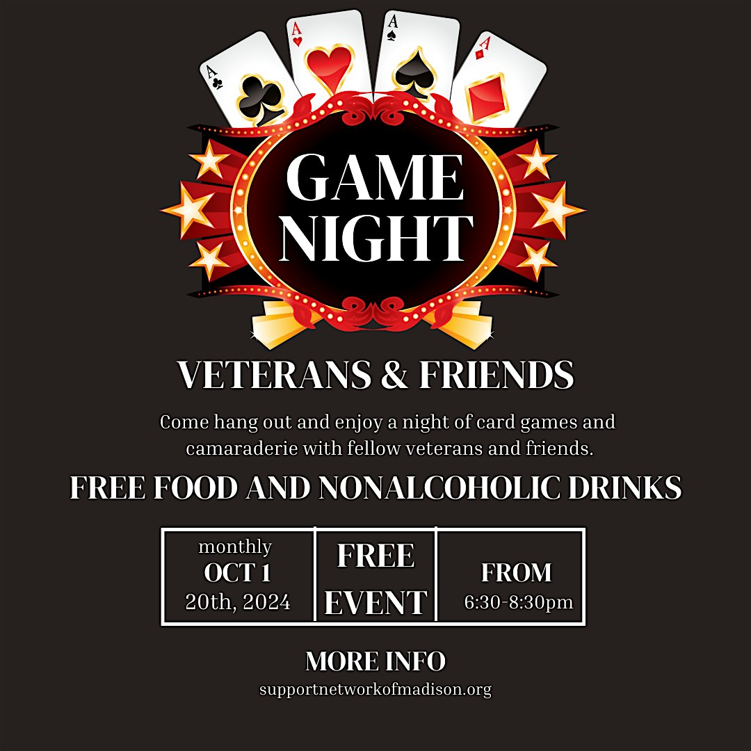 Monthly Veterans and Friends Cards Night (6:30-8:30pm) – Madison, NJ