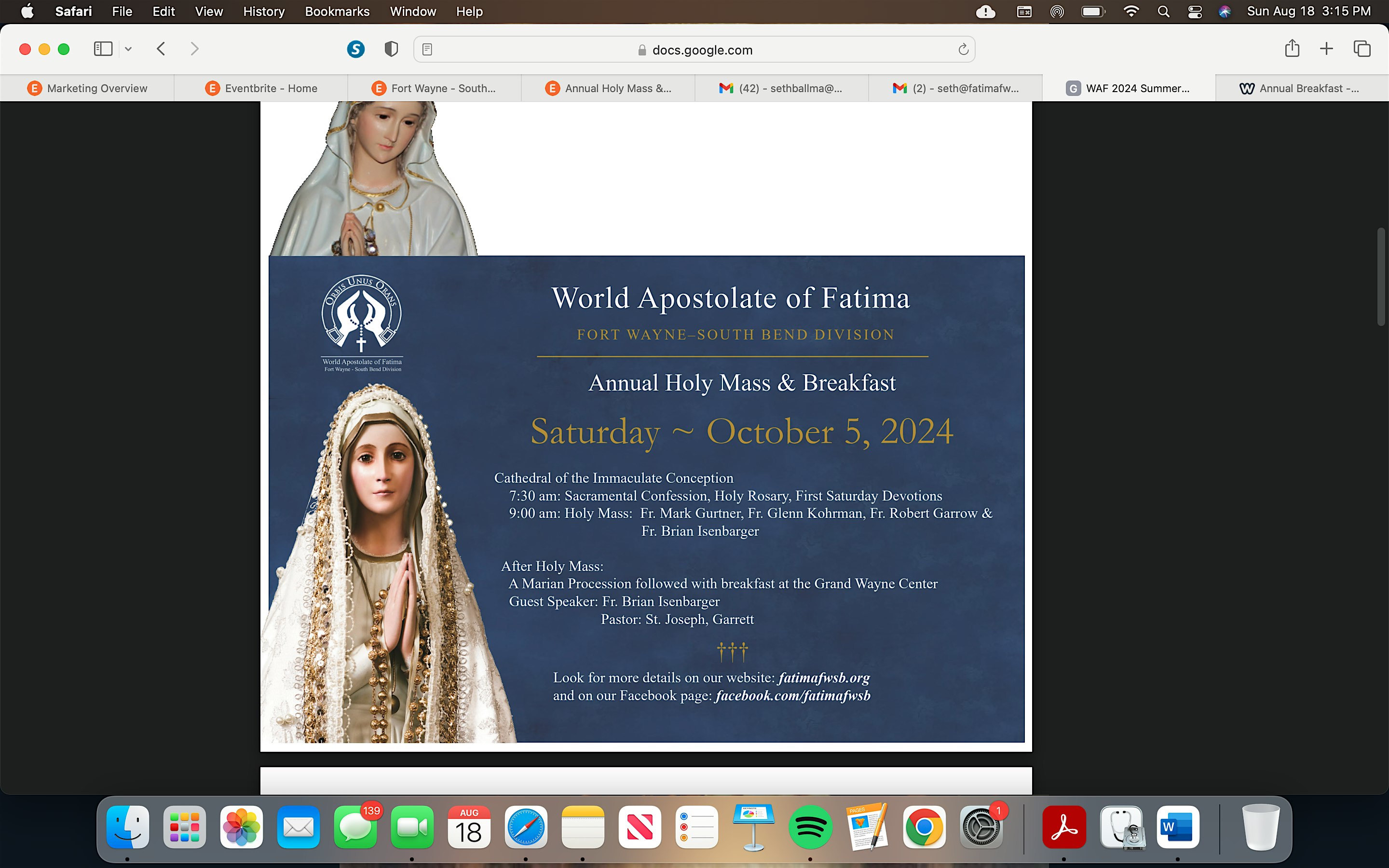 World Apostolate of Fatima Annual Holy Mass & Breakfast – Fort Wayne, IN