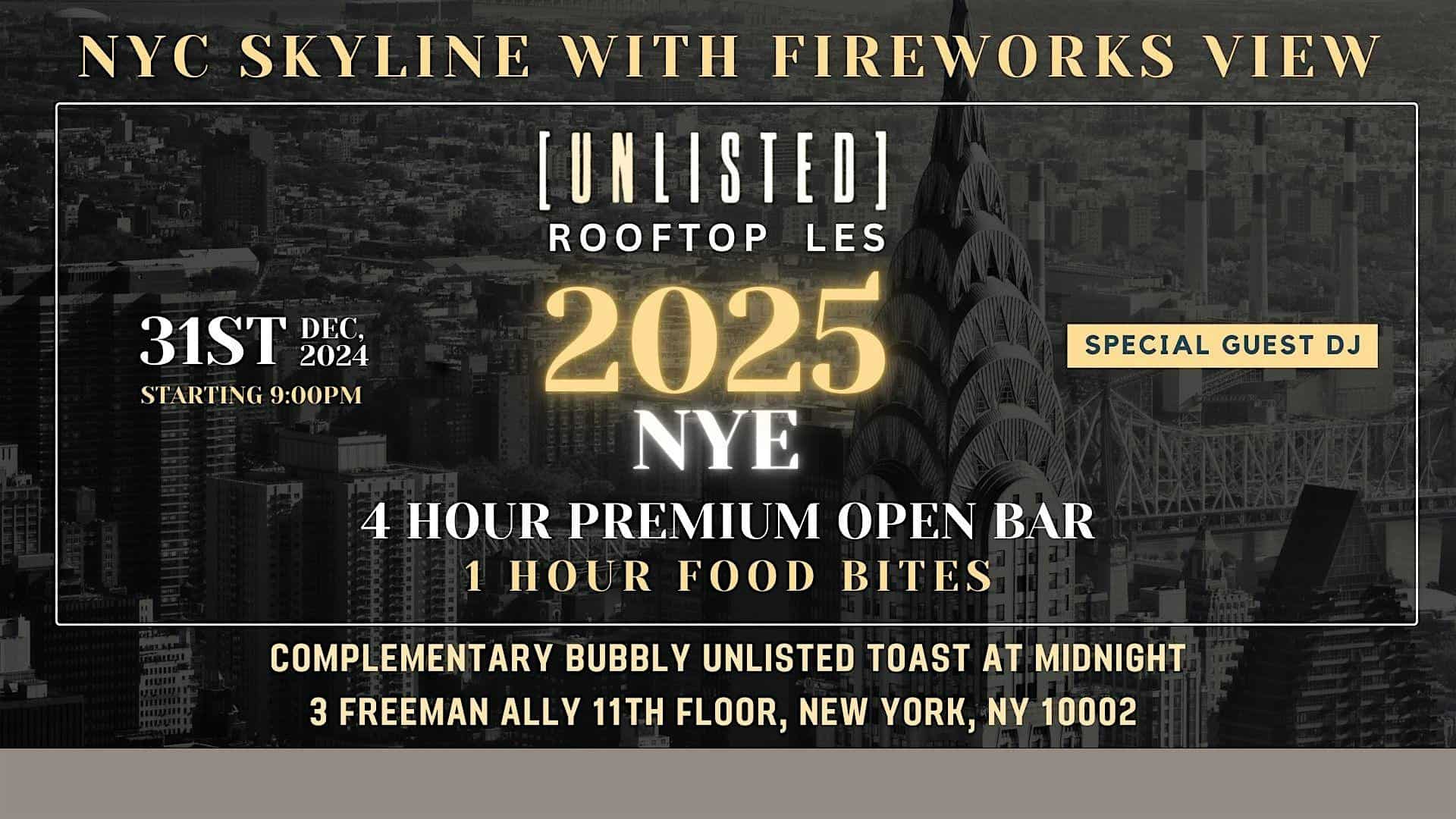 New Years Eve 2025 @ Unlisted Rooftop w/ 4 Hour Open Bar – New York, NY