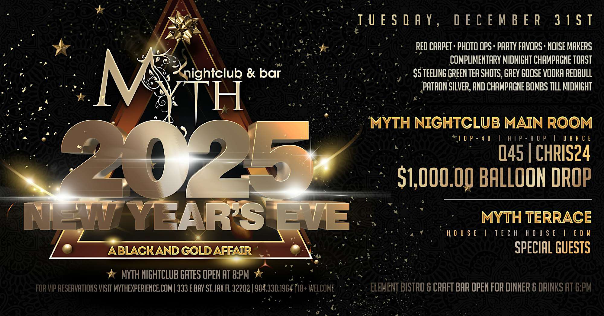 New Years Eve 2025: Black and Gold Affair at Myth Nightclub | 12.31.24 – Jacksonville, FL