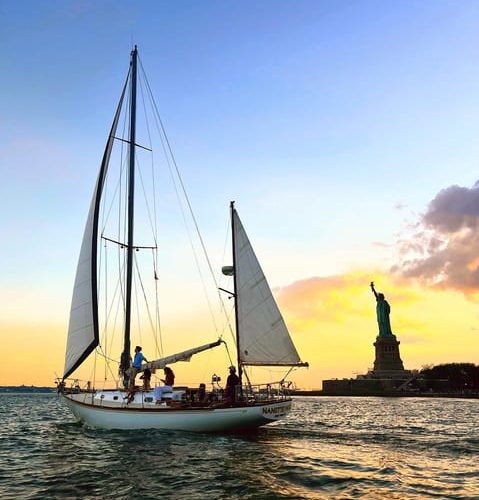 NYC- PRIVATE SAILBOAT, STATUE OF LIBERTY, MANHATTAN SKYLINE – New York City, New York