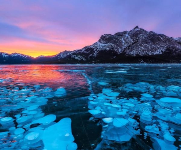 Winter Peyto Lake & Ice Bubble at Abraham Lake from Canmore – Alberta, Canada