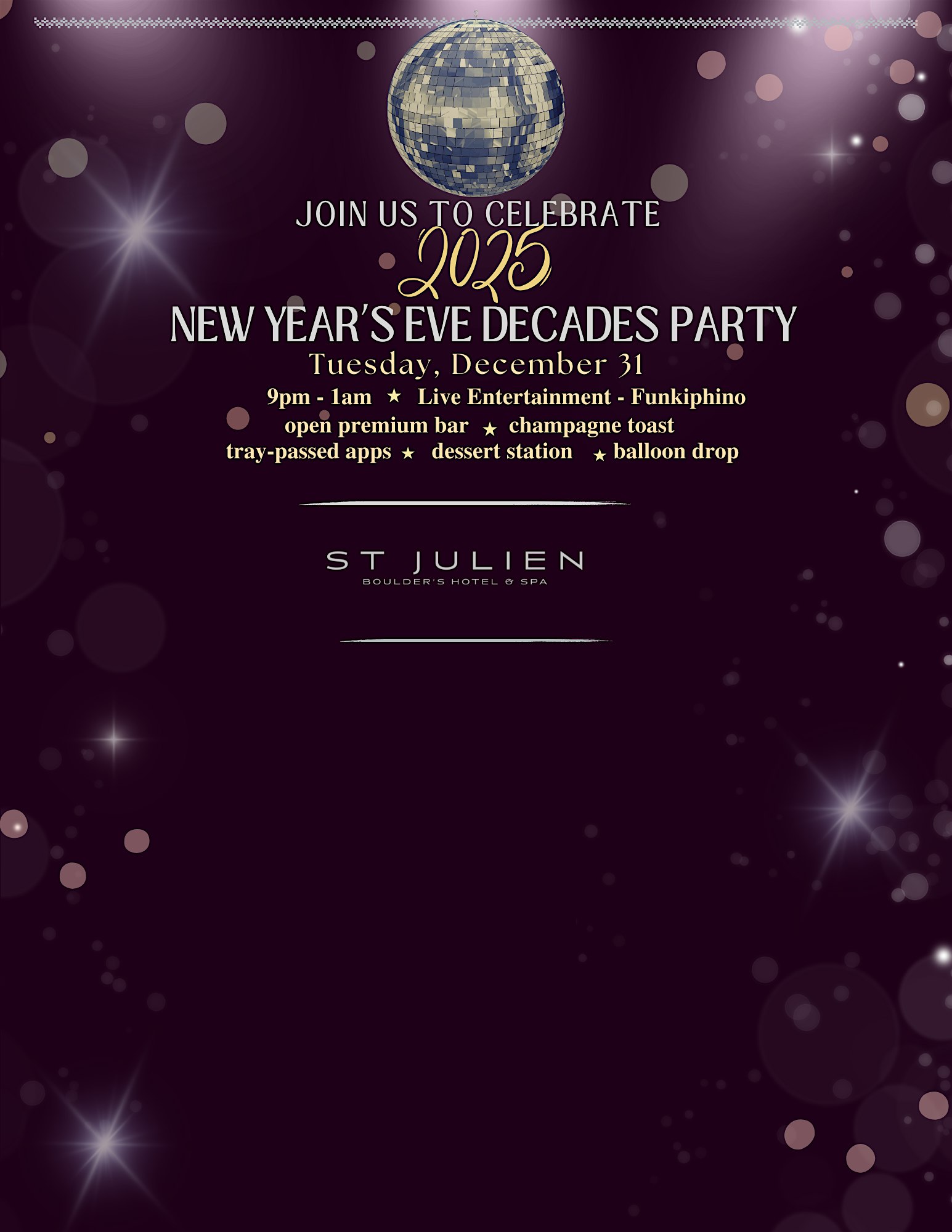 New Year’s Eve Decades Party at St Julien with Funkiphino – Early Bird – Boulder, CO