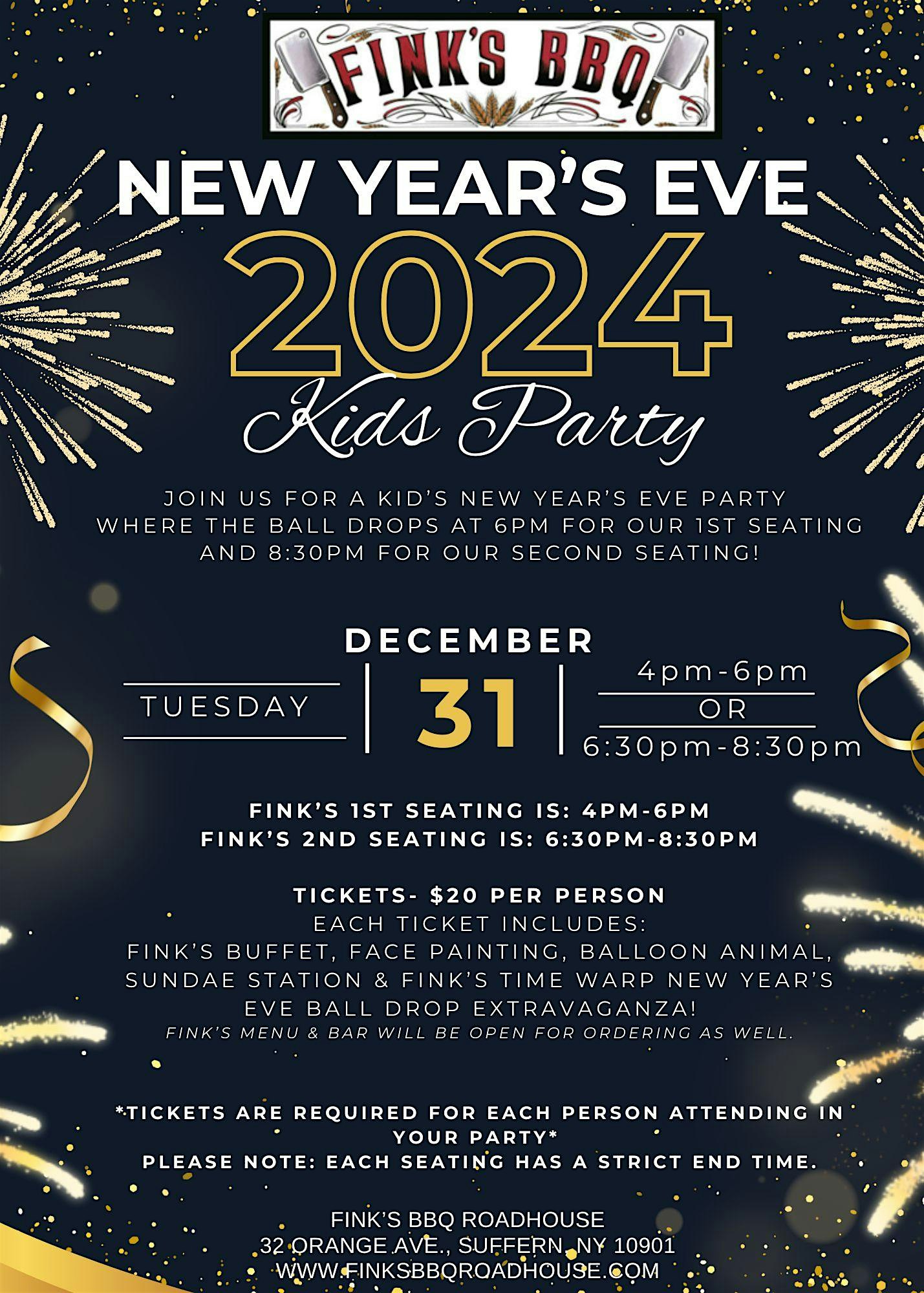 Fink’s BBQ Kid’s New Year’s Eve Party (1st Seating 4pm-6pm) – Suffern, NY