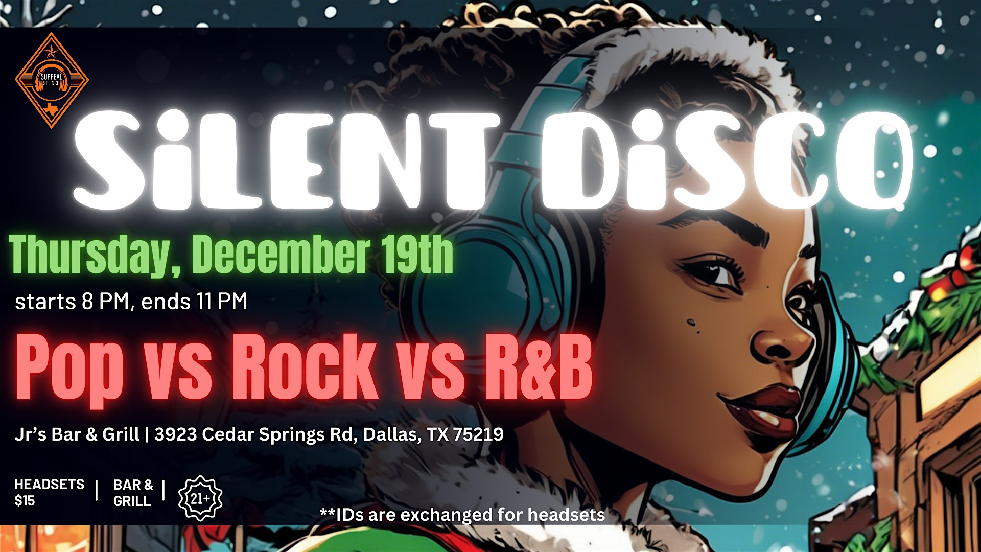 Silent Disco! Pop vs Rock vs R&B with Christmas Tunes – Dallas, TX