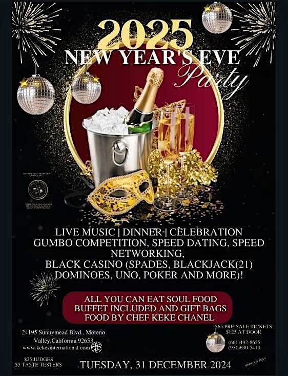 New Years Eve Party + All You Can Eat Soul Food + Speed Dating/Networking – Moreno Valley, CA