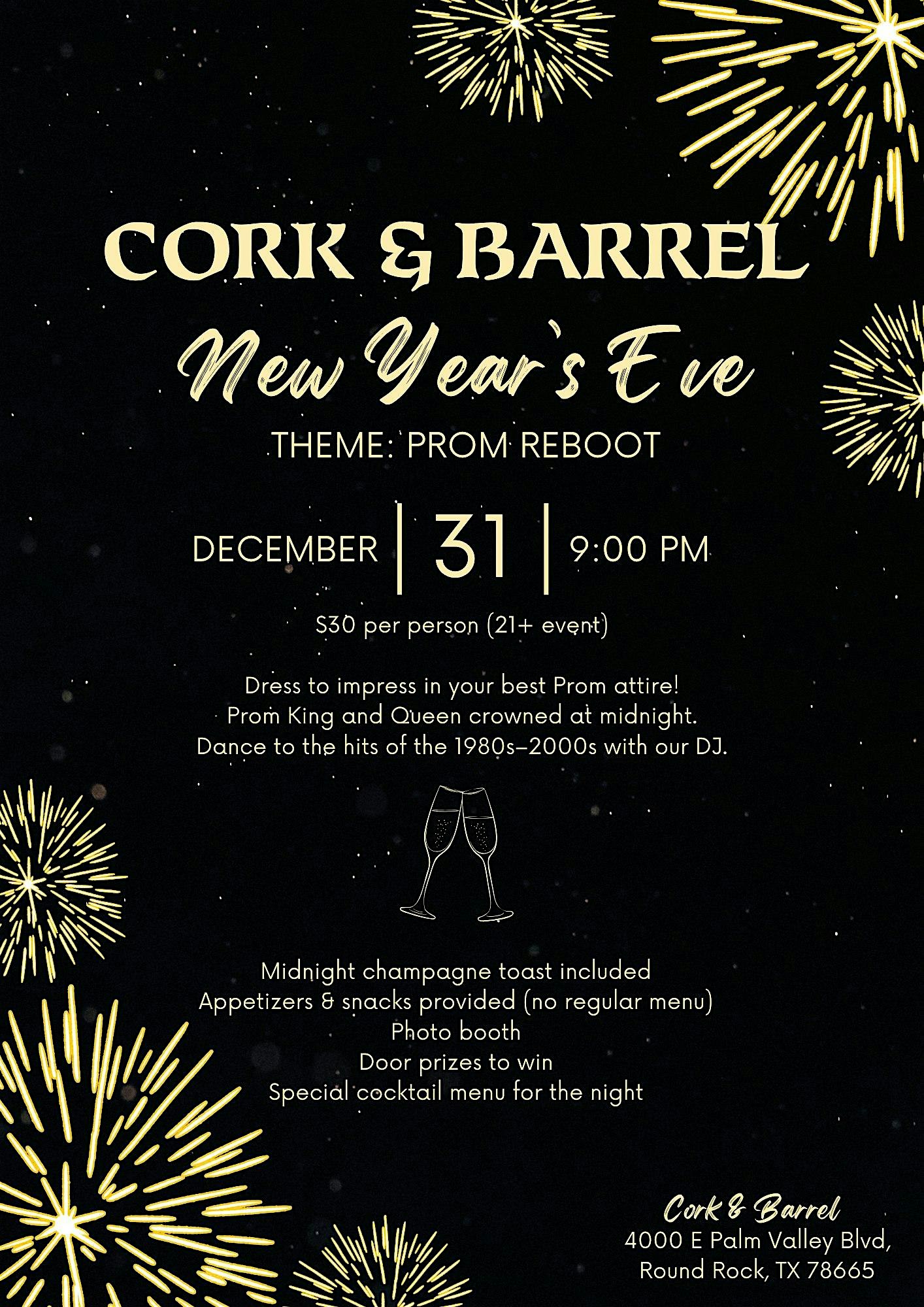 Cork & Barrel’s New Year’s Eve Prom Reboot – Round Rock, TX