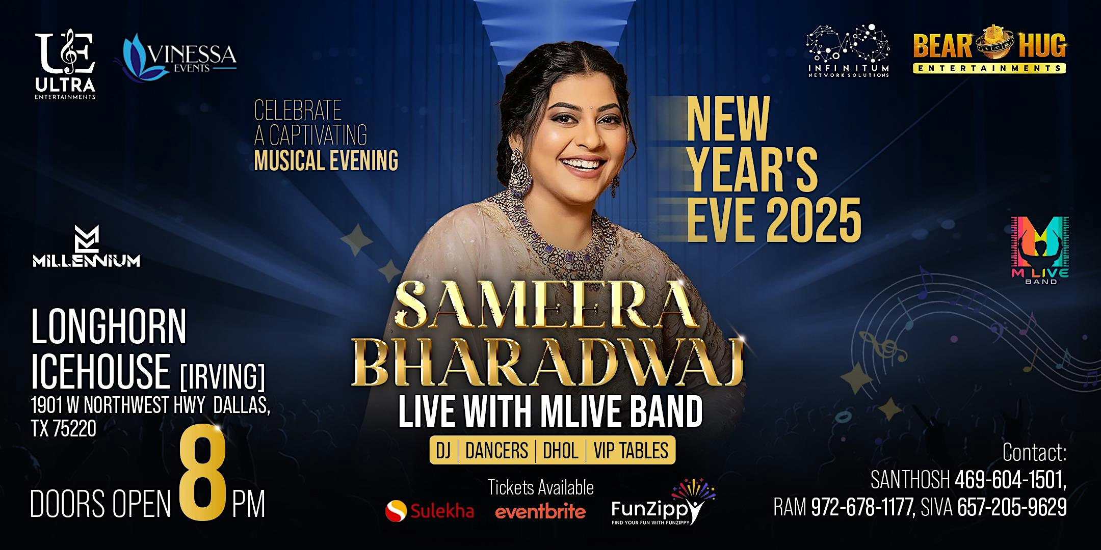 NYE 2025 | SAMEERA BHARADWAJ | MLIVE BAND | DJ MILLENNIUM – Dallas, TX