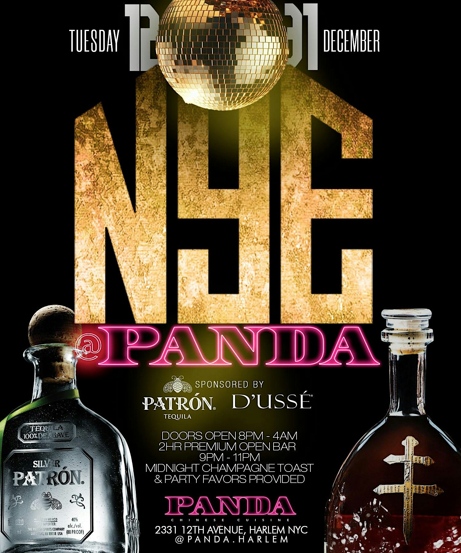 NYE 2hr Premium Open Bar, Panda Harlem, Live DJs, Valet Parking, Food Menu – New York, NY