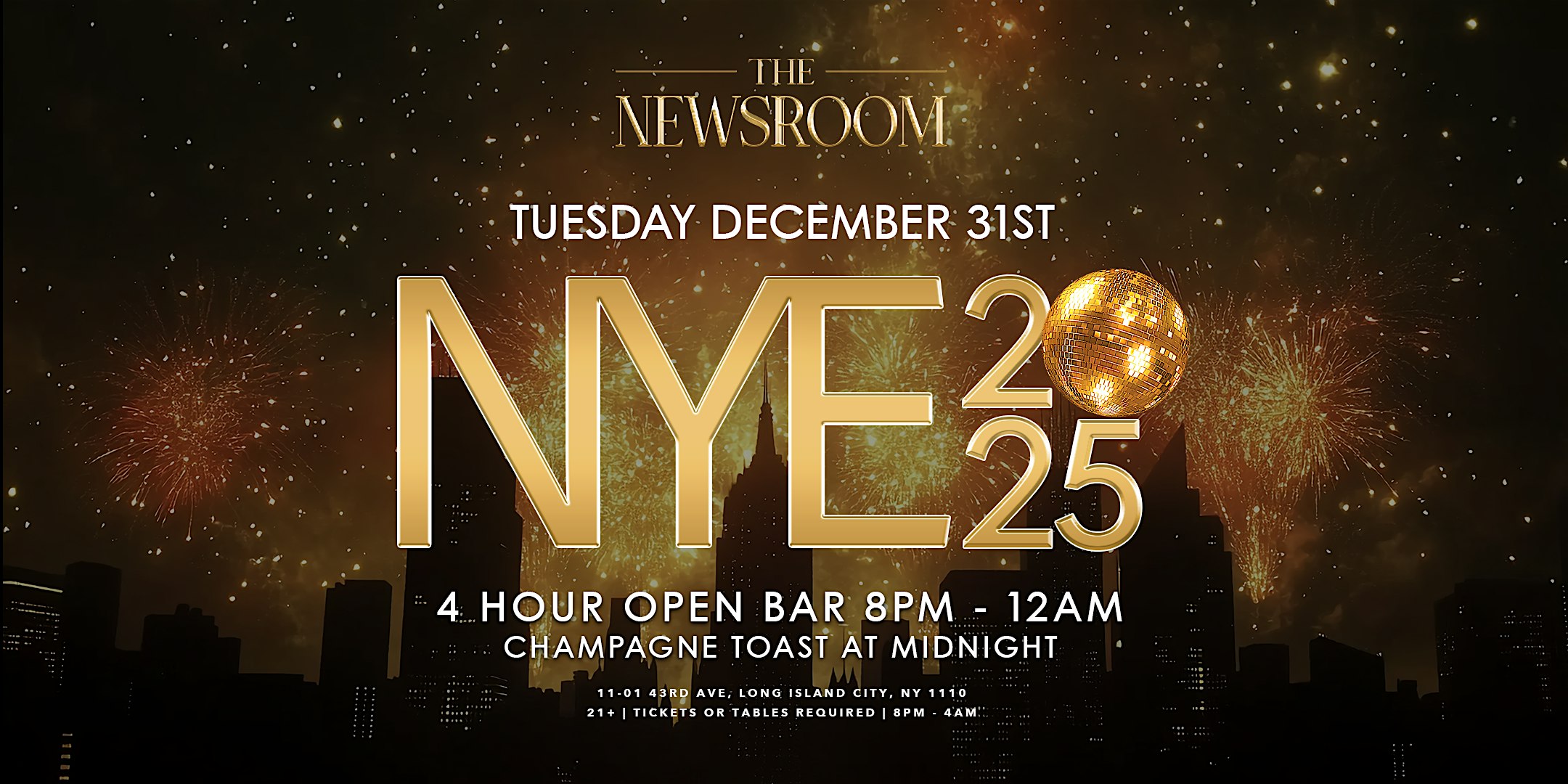 New Years Eve 2025 at The Newsroom Speakeasy Club – 4 hour Open Bar – Queens, NY