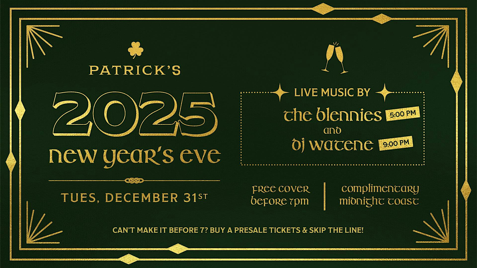 New Year’s Eve Party @ Patrick’s – 2025! – San Diego, CA