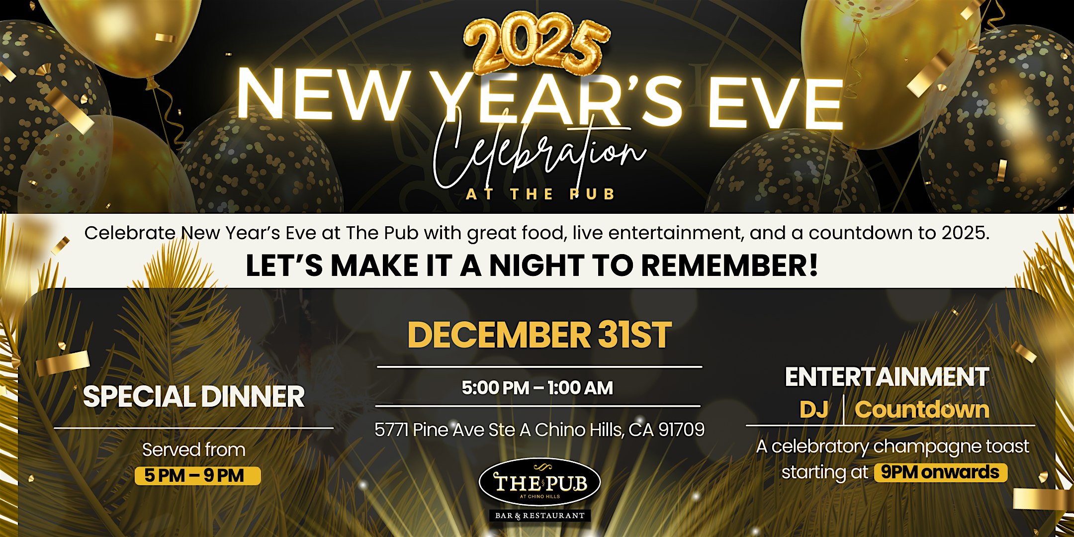 New Year’s Eve Celebration at The Pub – Chino Hills, CA