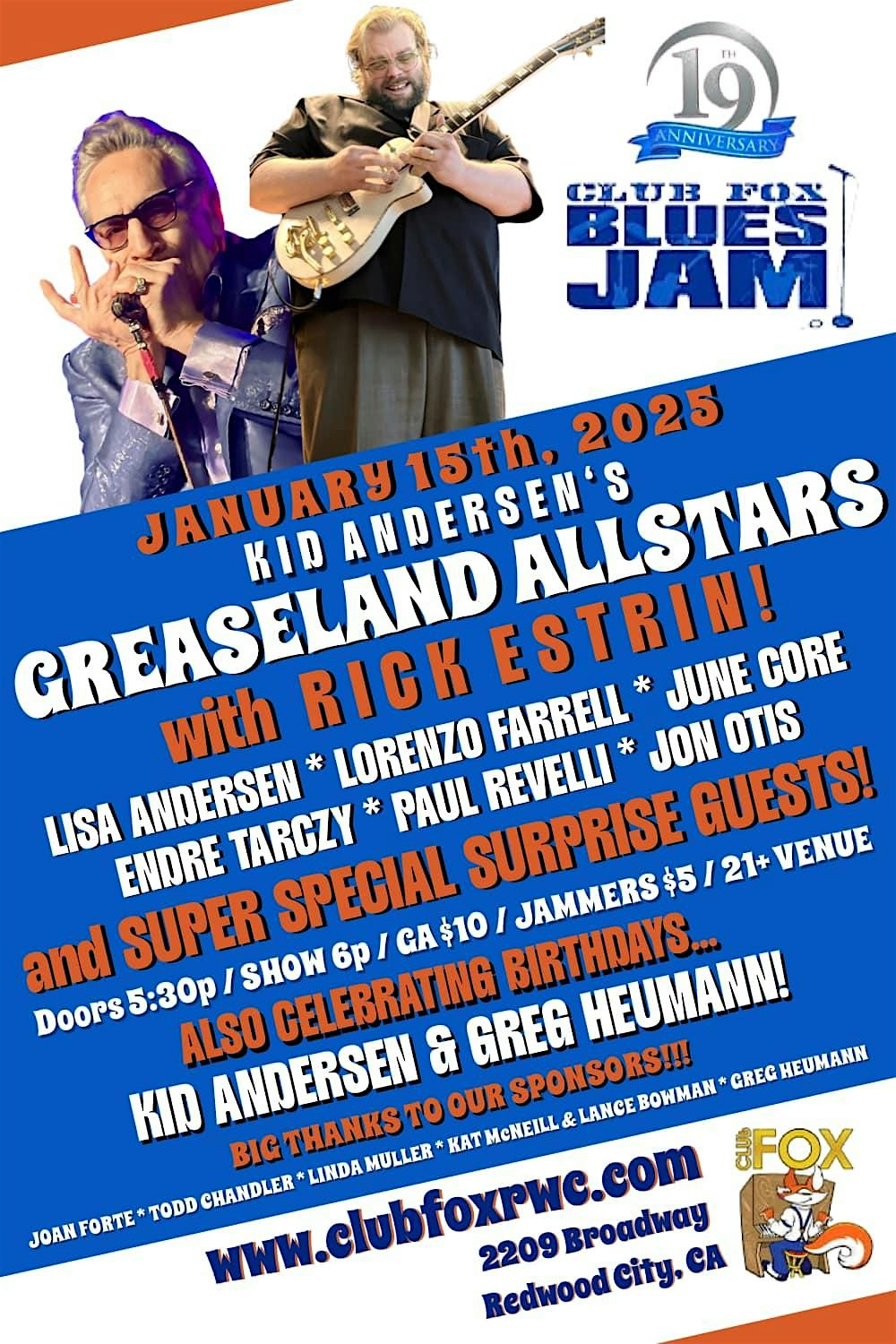 Club Fox Blues Jam GREASELAND ALLSTARS w/RICK ESTRIN & MORE! – Redwood City, CA