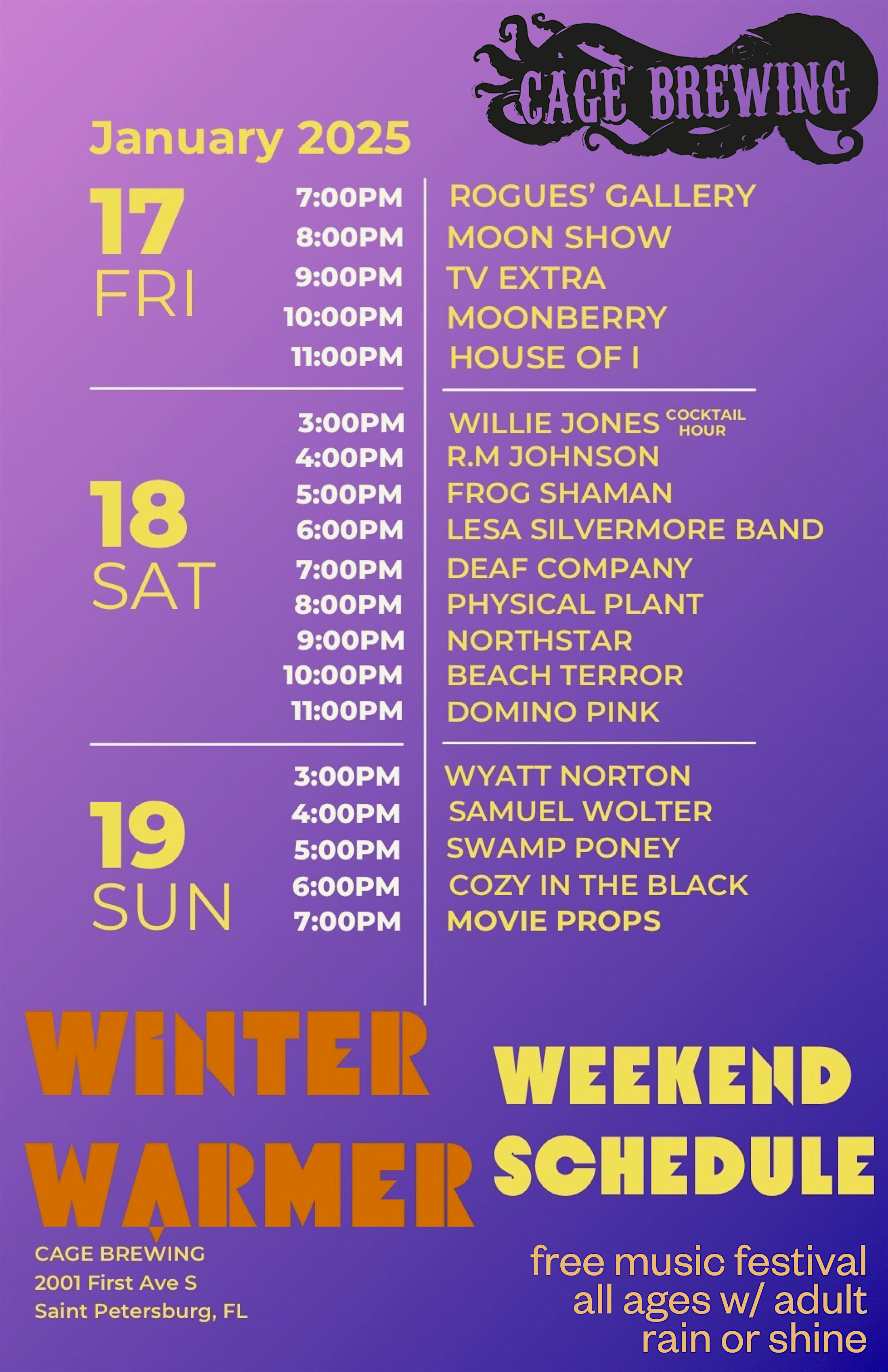 FREE MUSIC FEST: Winter Warmer 2025 | Cage Brewing | Jan 17-18-19 – St. Petersburg, FL