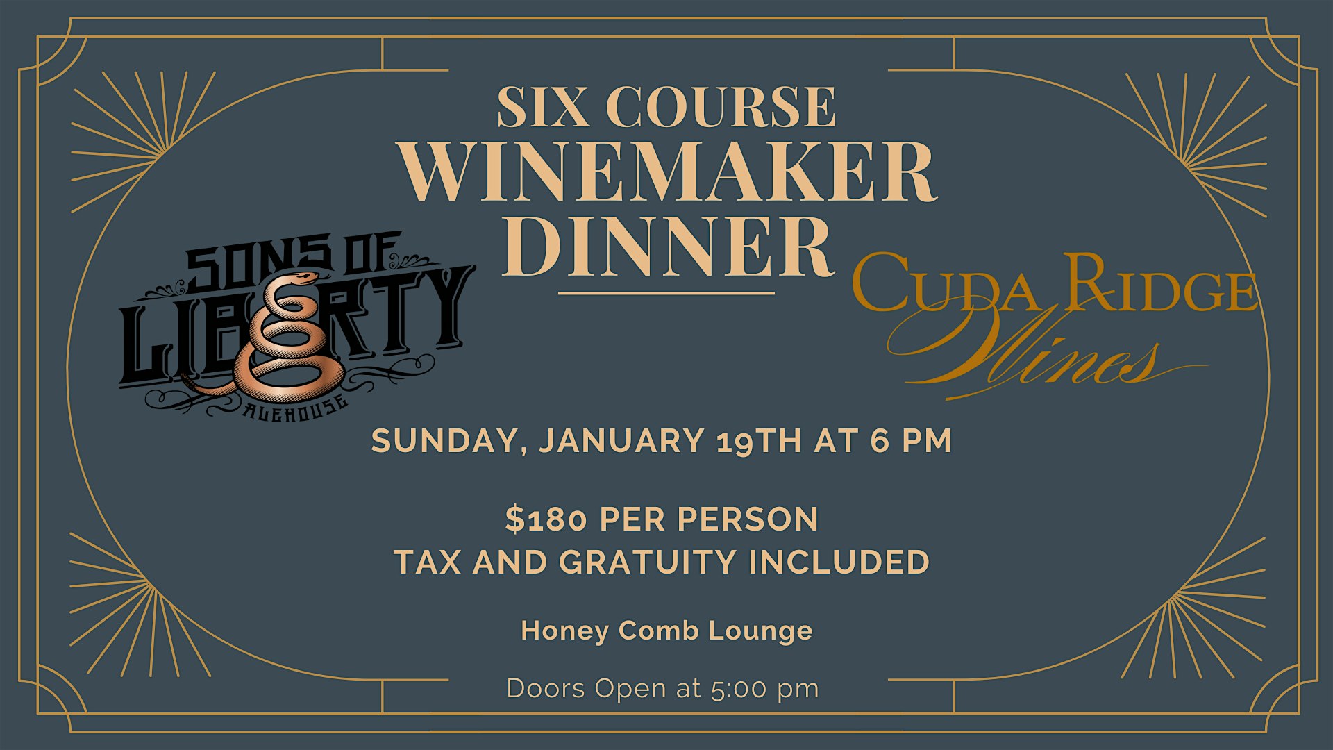 Sons Of Liberty + Cuda Ridge 6 Course Winemaker Dinner – Livermore, CA