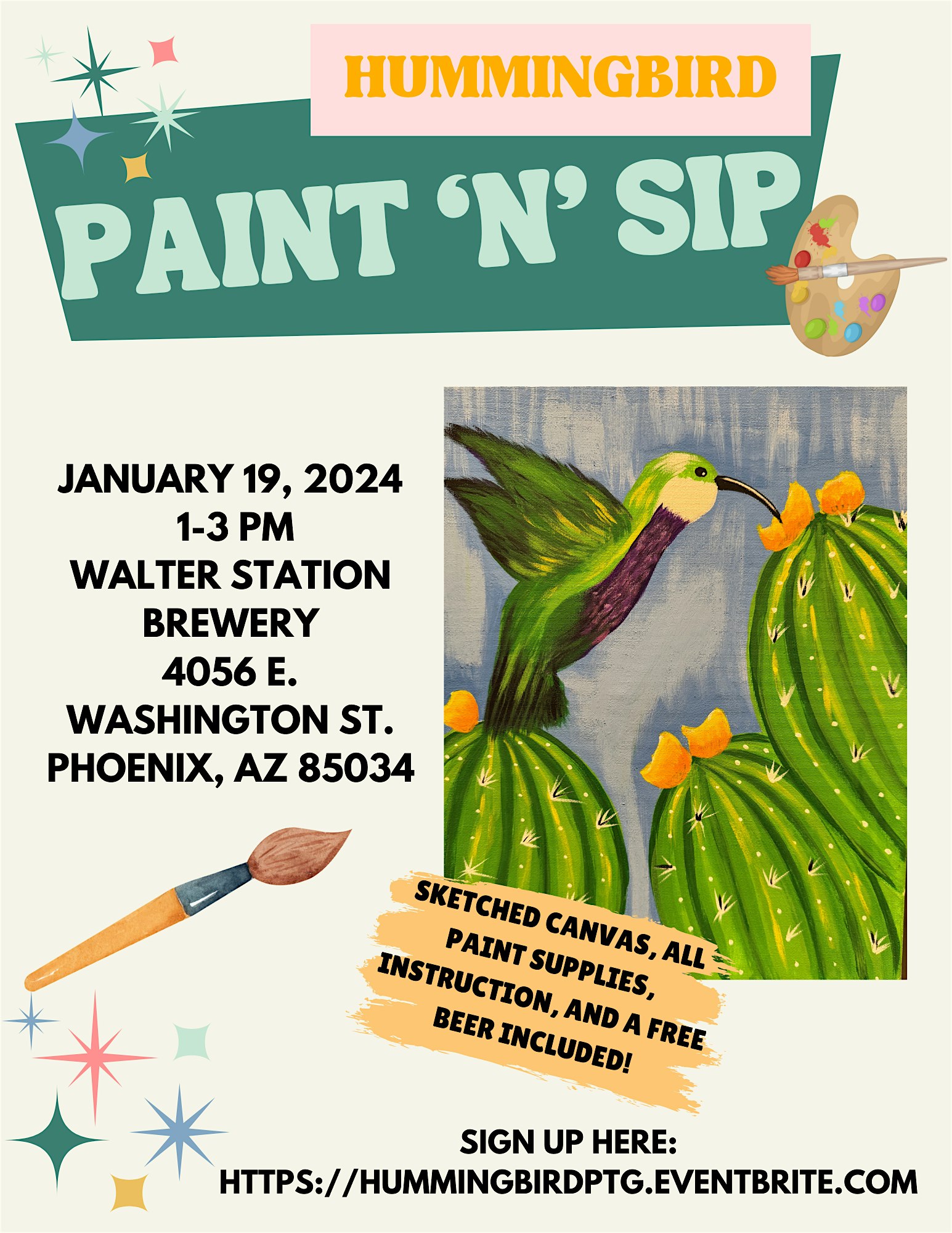 Paint and Sip- Hummingbird with Cactus at Walter Station Brewery! – Phoenix, AZ