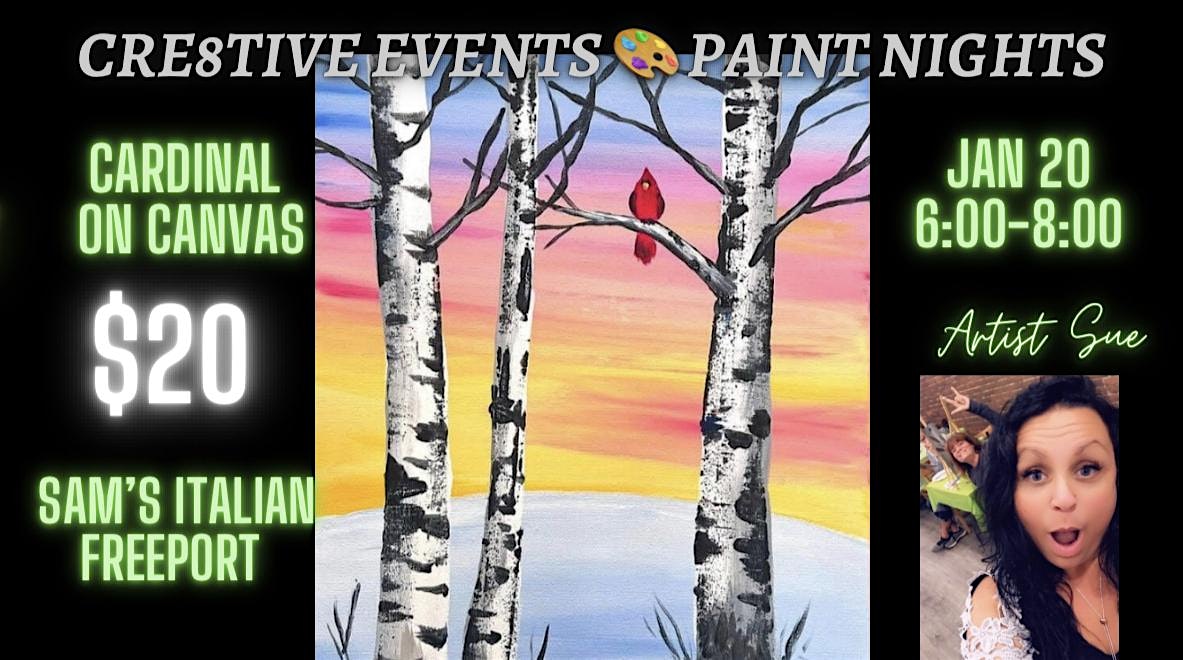 $20 Paint Night – Cardinal on Canvas – Sam’s Italian FREEPORT – Freeport, ME