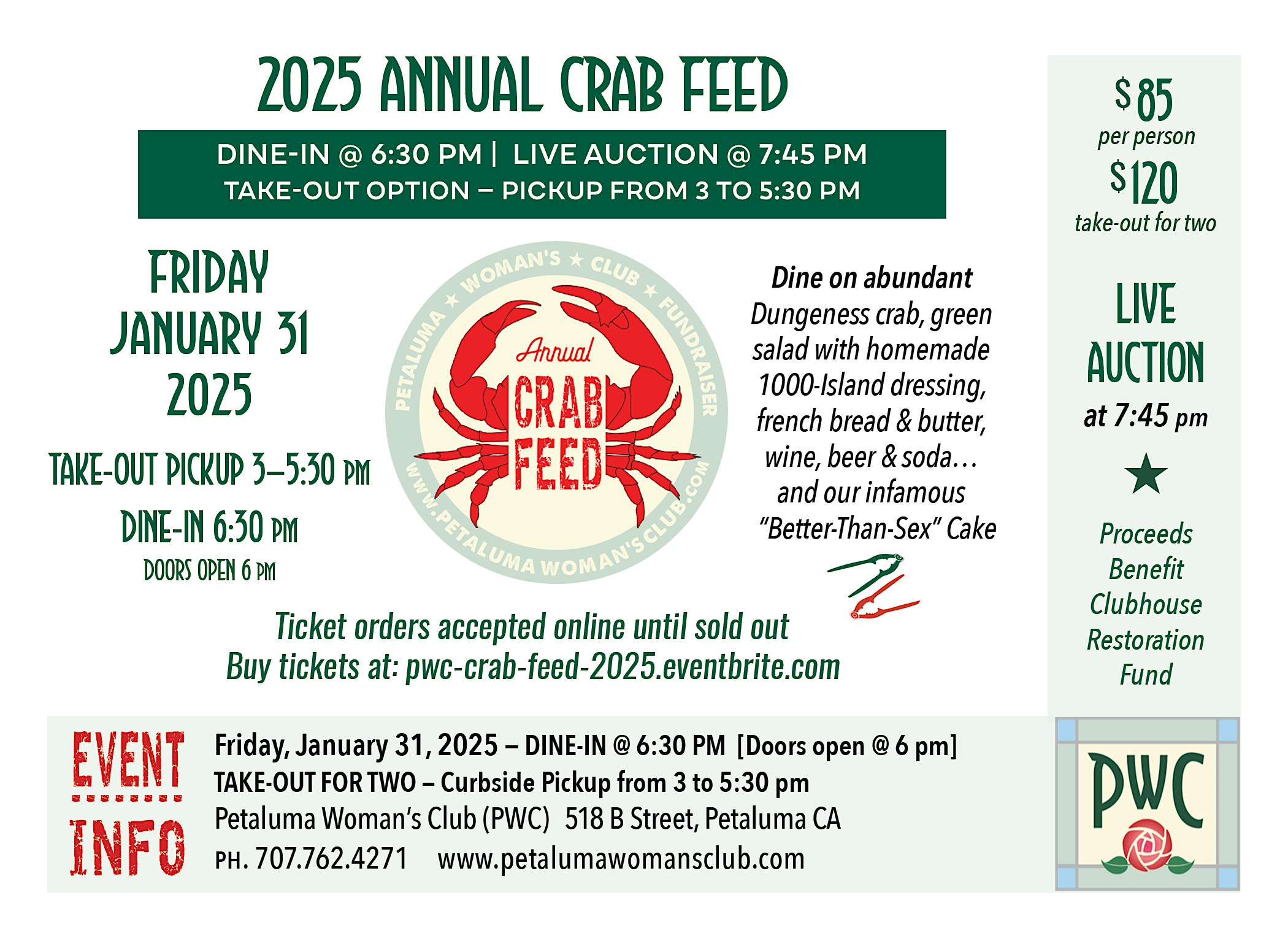 PWC Annual Crab Feed Friday January 31 2025 – Petaluma, CA