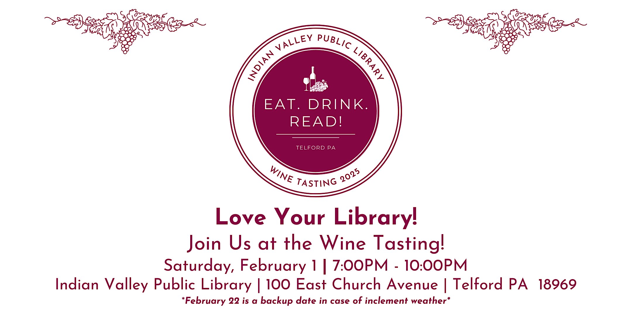 Indian Valley Public Library Wine Tasting – Eat. Drink. READ! – Telford, PA