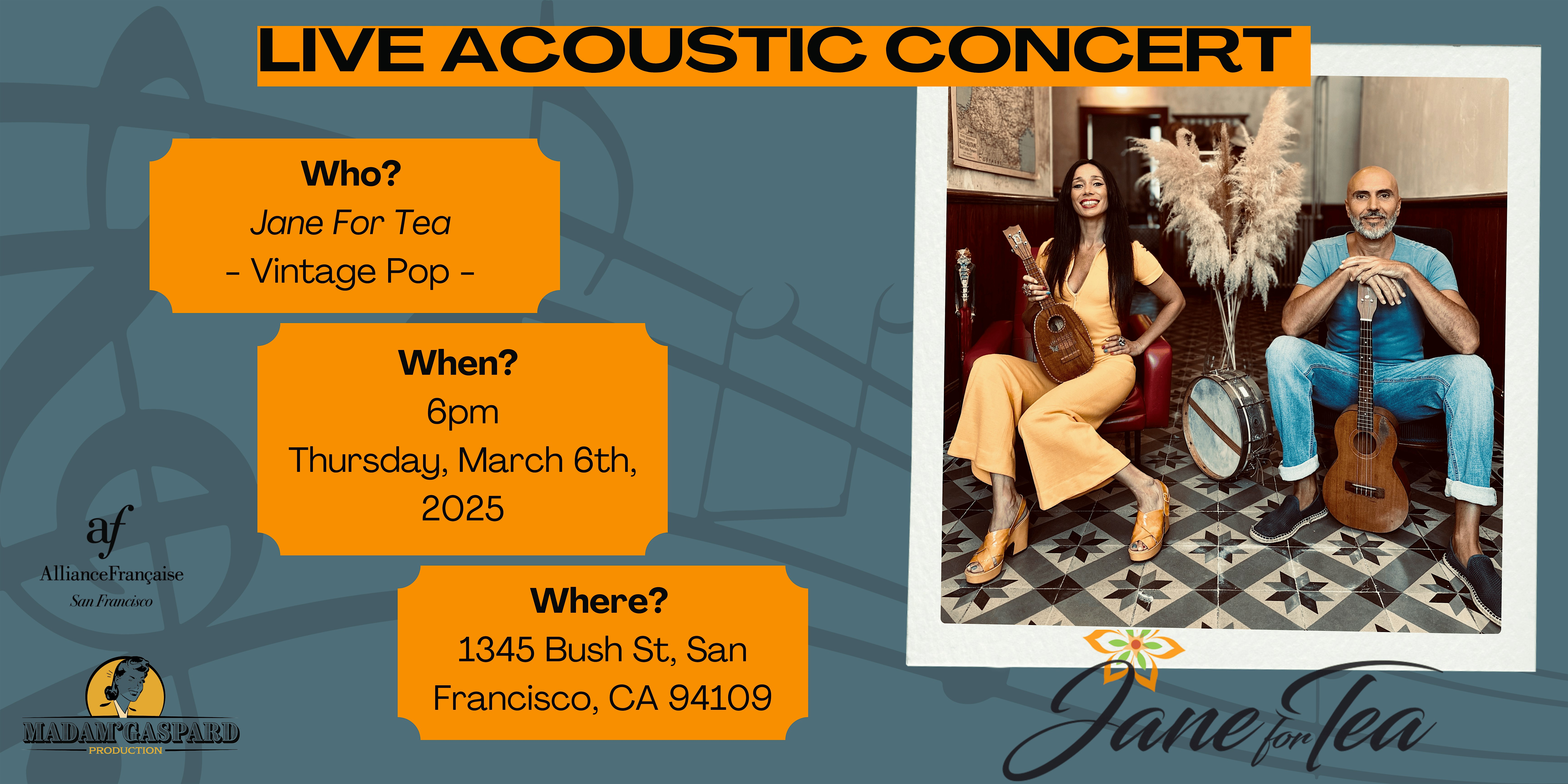 Live acoustic concert with vintage-pop duo Jane For Tea – San Francisco, CA