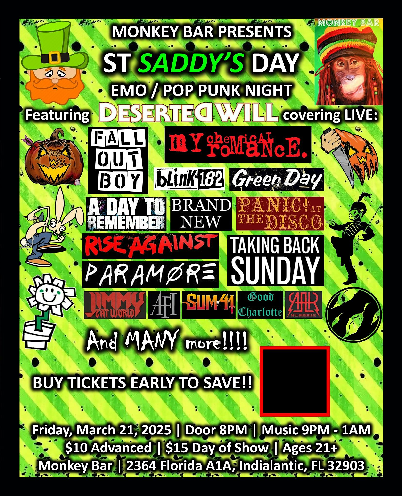 Emo St. Saddy’s Night at Monkey Bar at 2364 N Hwy A1A – Melbourne, FL