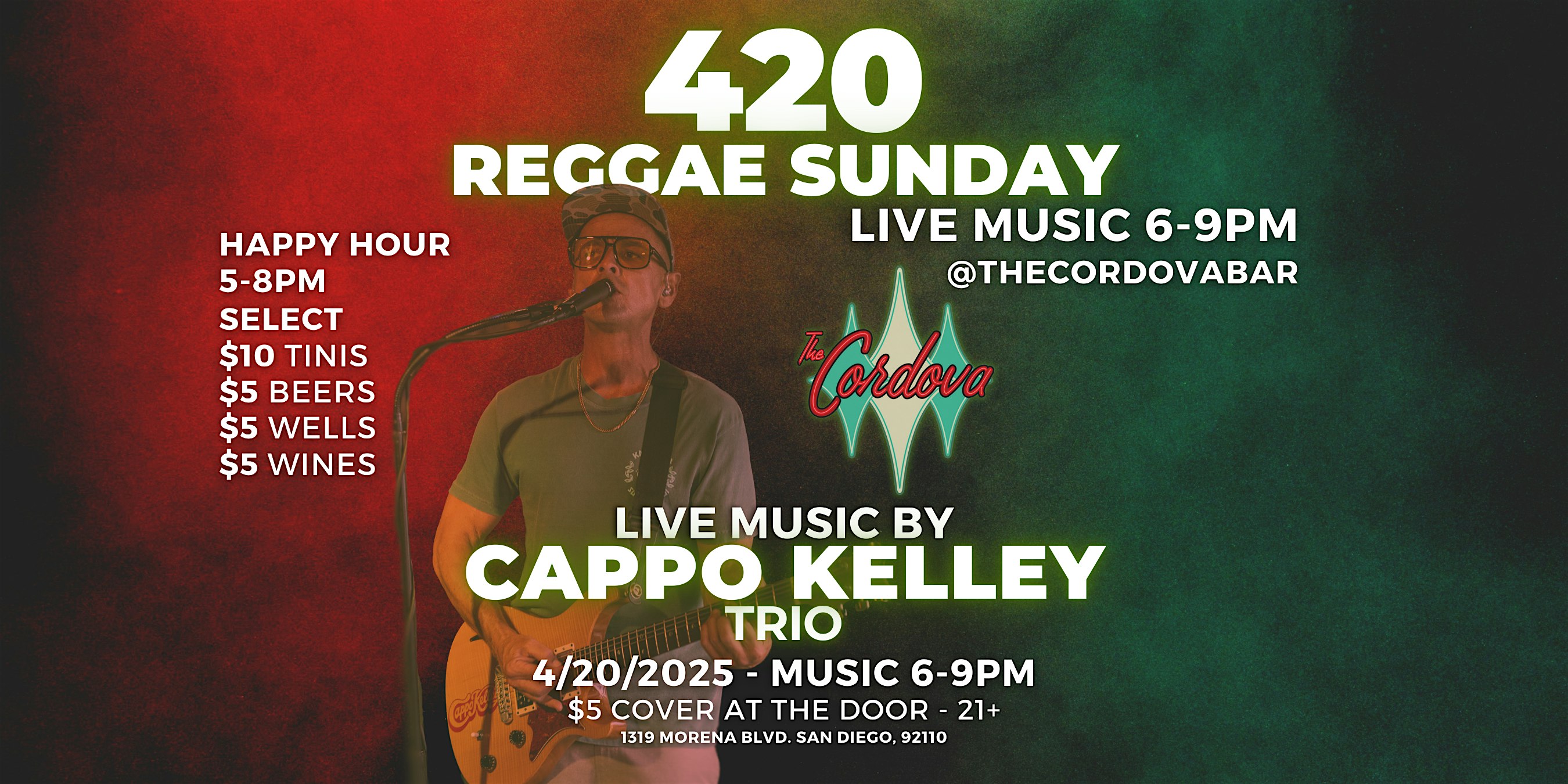 Live Music: Reggae Sunday with Cappo Kelley Trio at The Cordova Bar, Morena Boulevard, San Diego, CA, USA – San Diego, CA