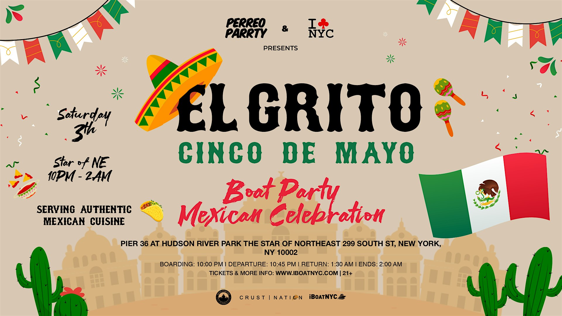 EL GRITO: CINCO DE MAYO Mexican Celebration Boat Party Yacht Cruise NYC at Pier 36 NYC – New York, NY