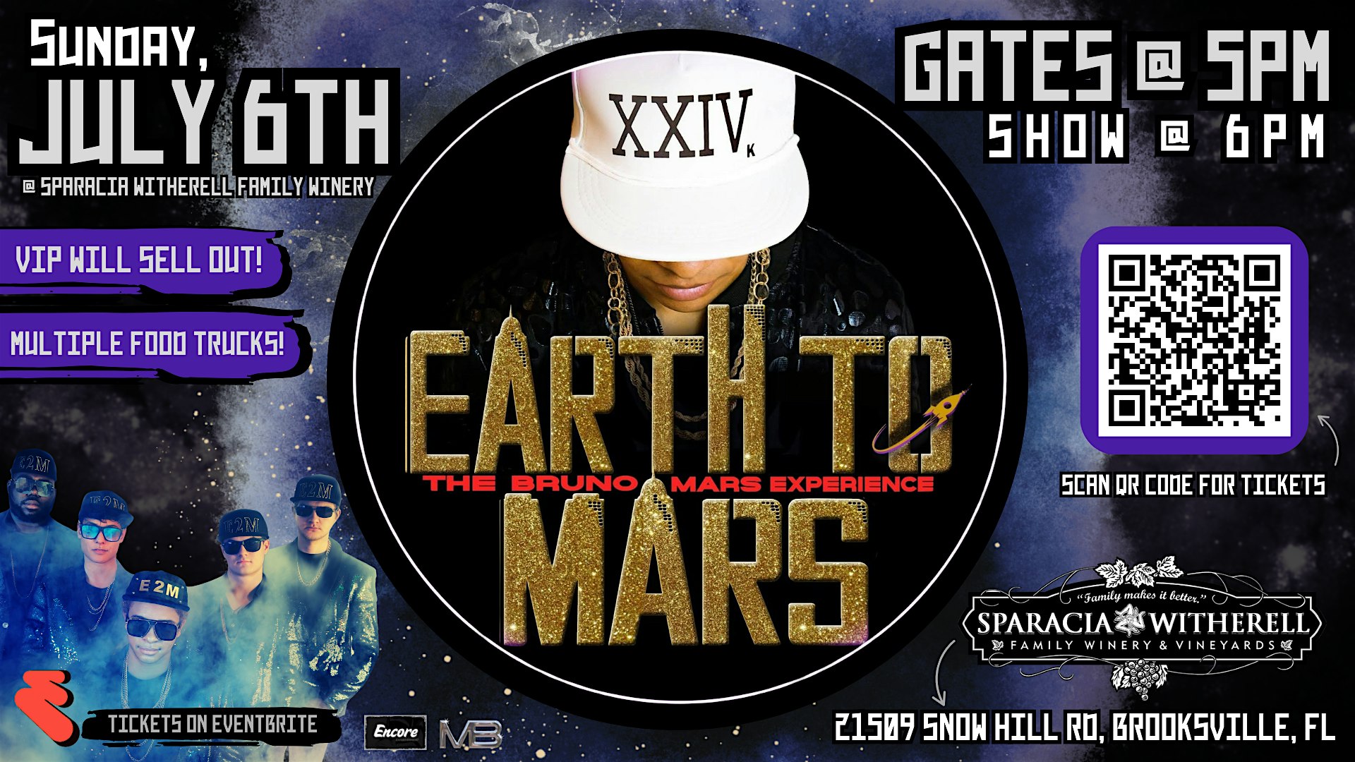 Purchase Earth To Mars - The Bruno Mars Experience @ Sparacia Witherell Winery Tickets: Don't miss this upcoming event in Brooksville