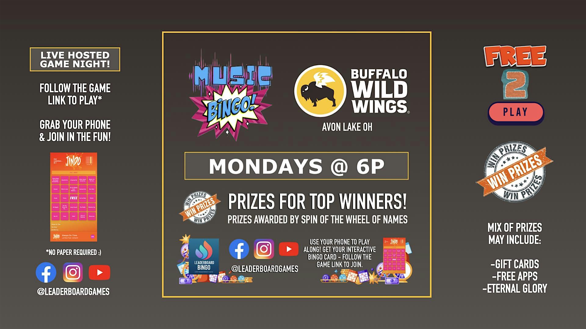 Music BINGO Game Night | Buffalo Wild Wings – Avon Lake OH – MON 6p at Buffalo Wild Wings – Avon Lake, OH