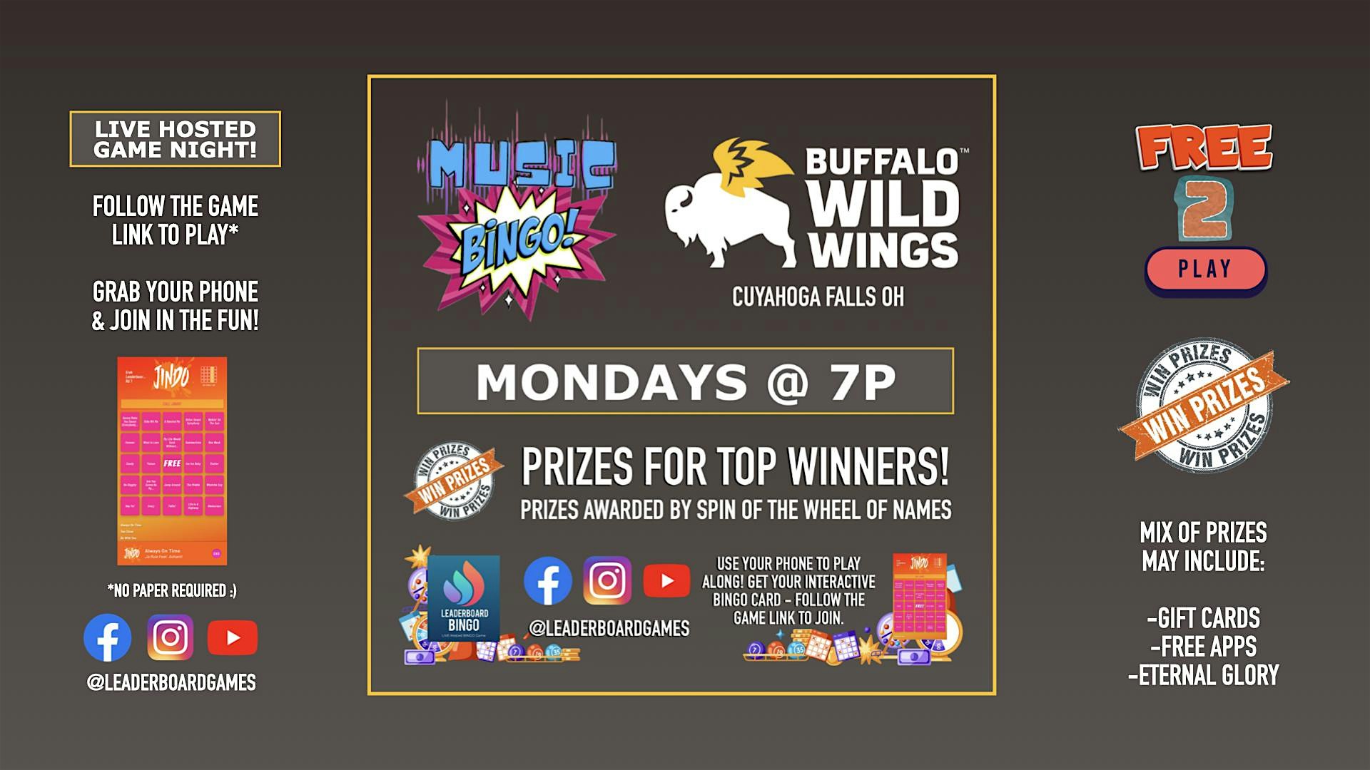 Music BINGO | Buffalo Wild Wings – Cuyahoga Falls OH – MON 7p at Buffalo Wild Wings – Cuyahoga Falls, OH