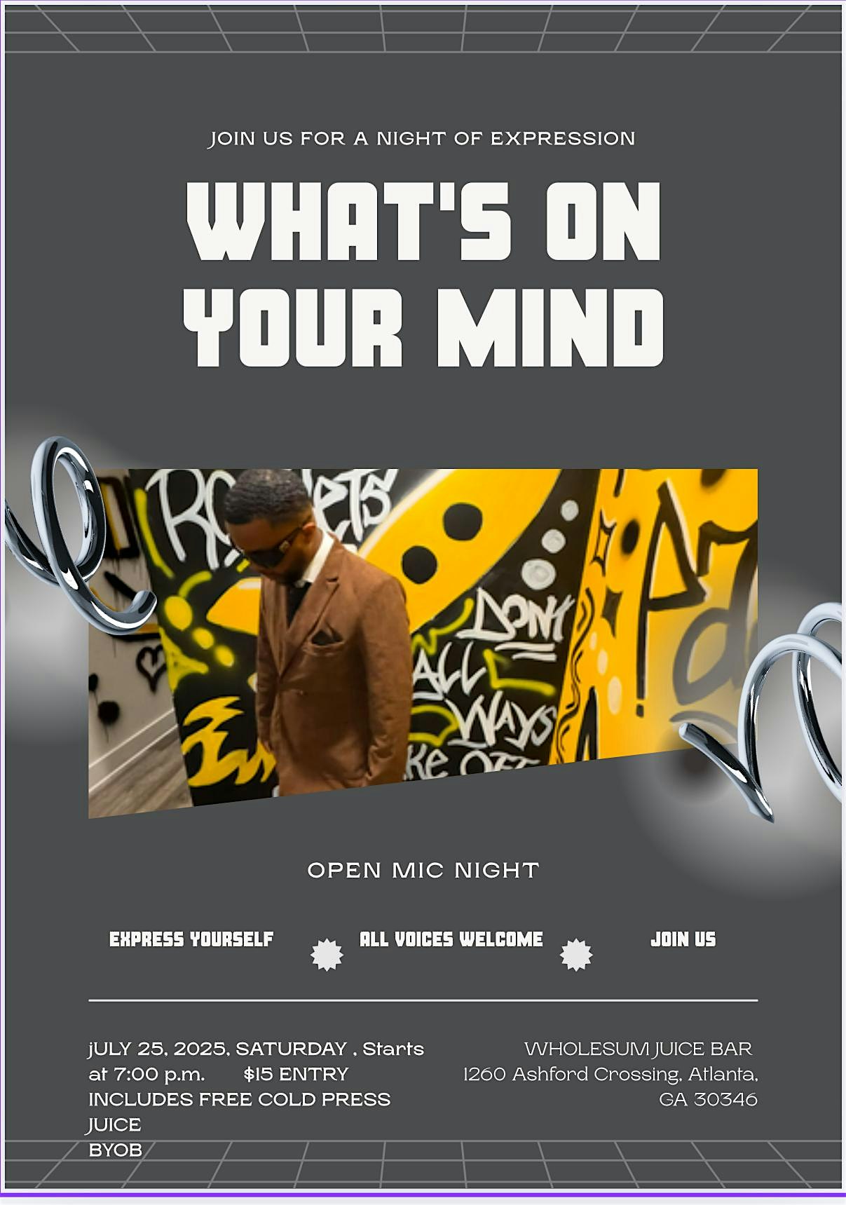 WHAT’S ON YOUR MIND OPEN MIC at Wholesum Juice Bar – Atlanta, GA