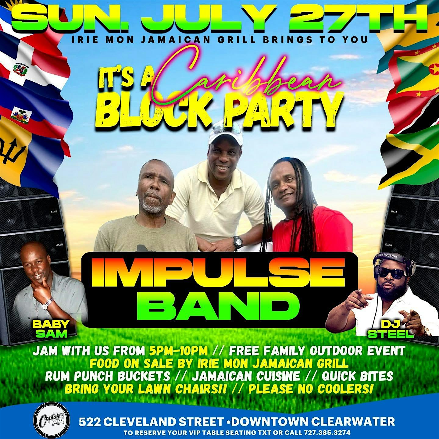 It’s A Caribbean Block Party! Live Music By Impulse Band at Captain’s Cigar Lounge – Clearwater, FL