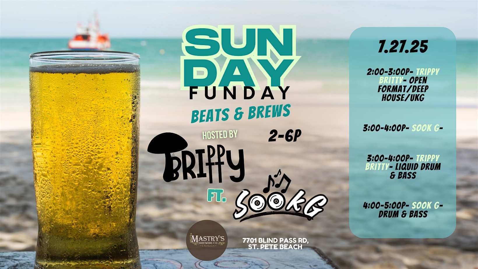 Sunday Funday Beats & Brews: With special guest Sook G at Mastry’s Brewing Co – St. Pete Beach, FL