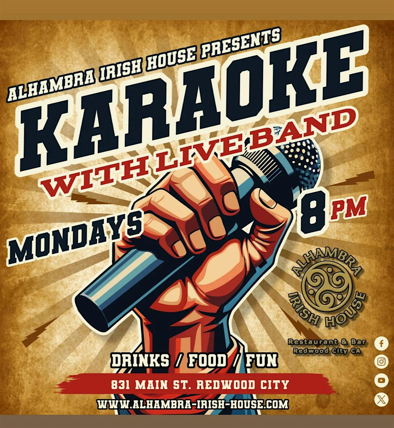 Karaoke Live Band. Food, drinks and fun singing at Alhambra Irish House – Redwood City, CA