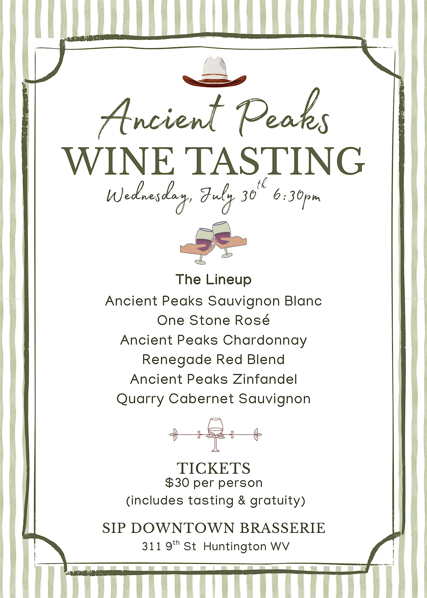 Ancient Peaks Wine Tasting at Sip Downtown Brasserie – Huntington, WV