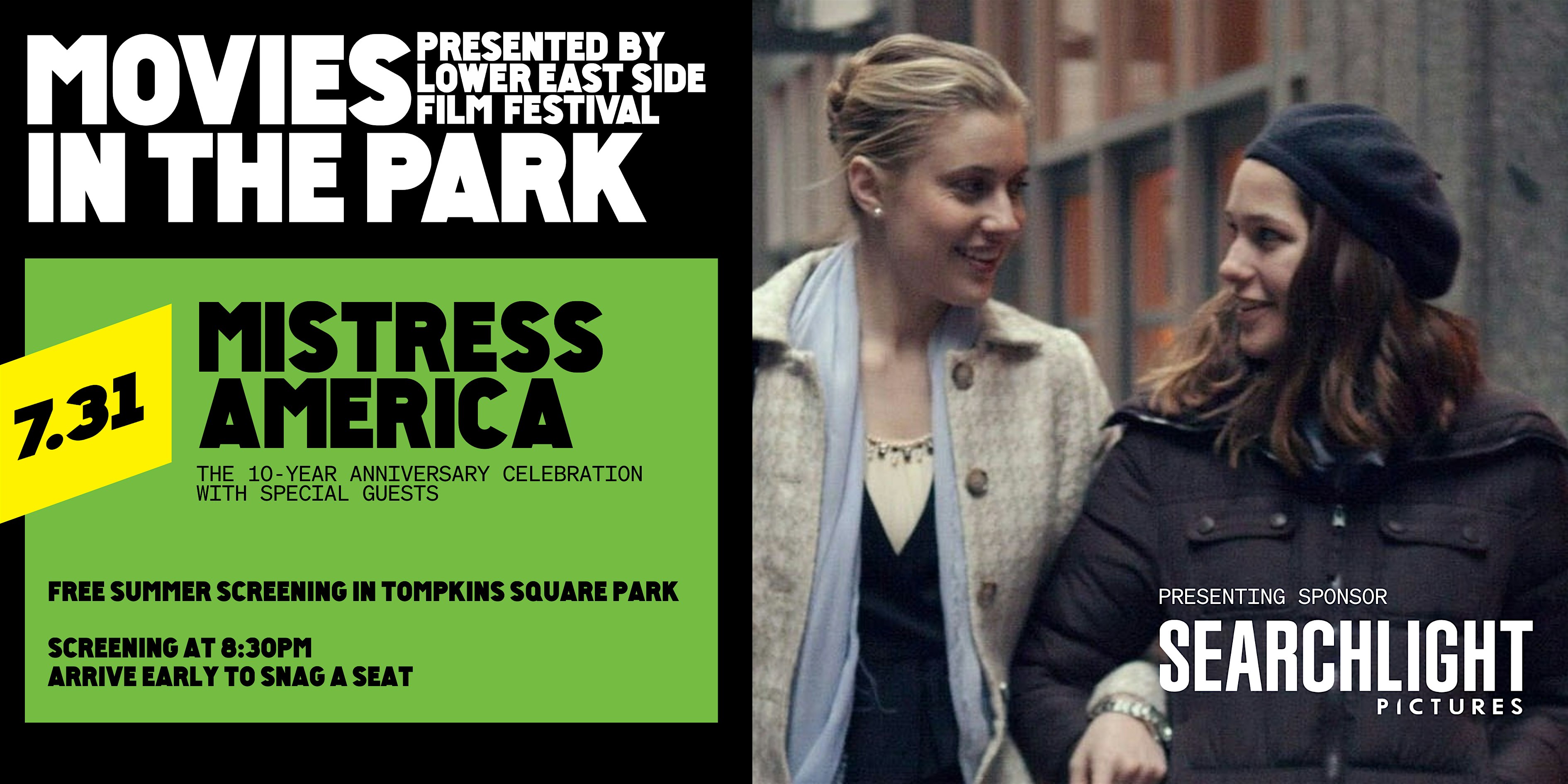 Movies in the Park: MISTRESS AMERICA at Tompkins Square Park – New York, NY