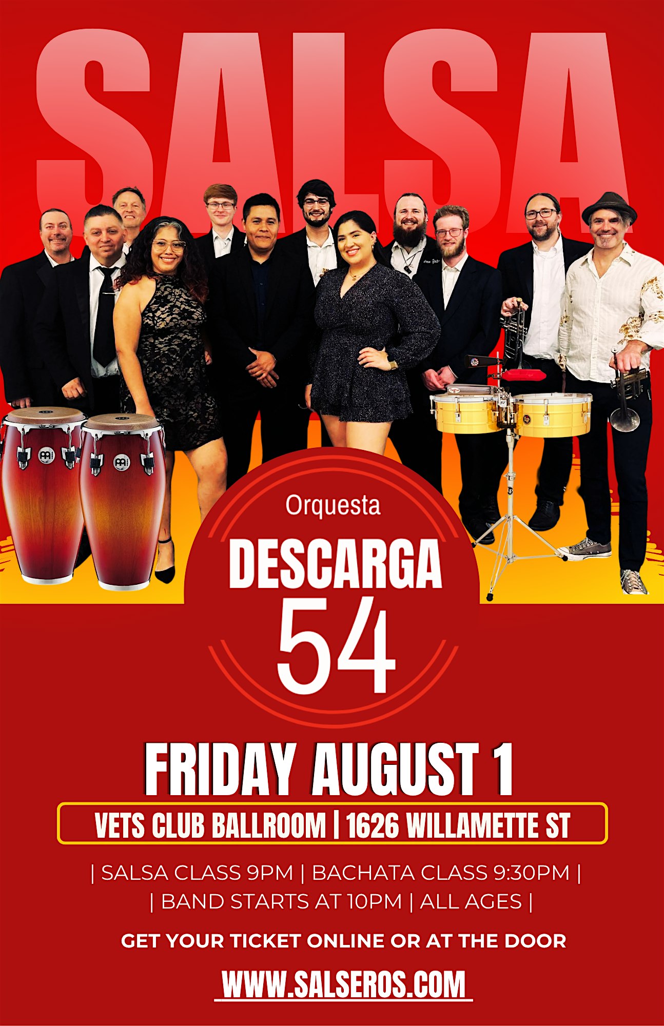 Live Salsa! Orquesta Descarga 54 at Vet’s Club Ballroom – Eugene, OR