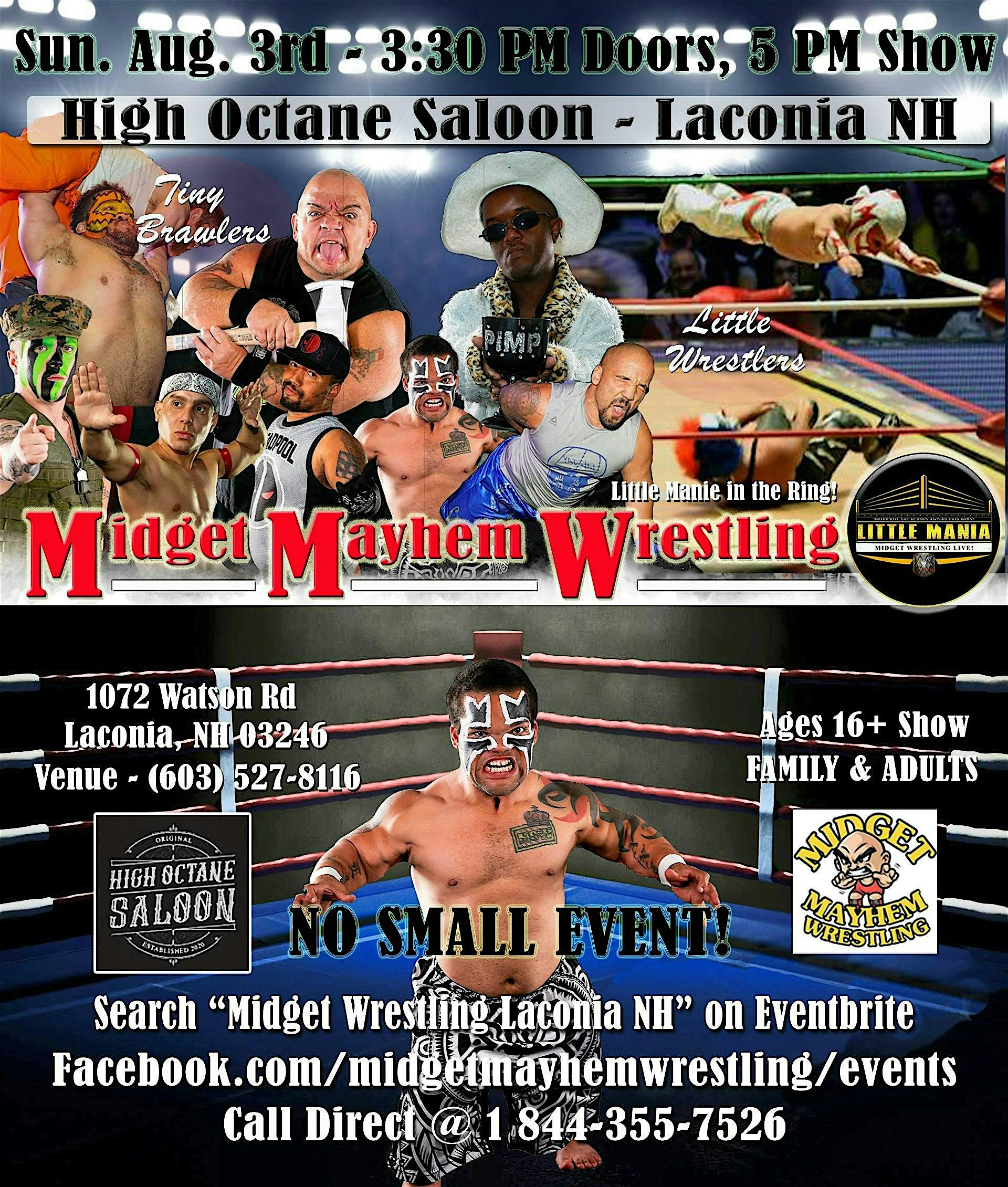 Midget Mayhem Wrestling Rips Through the Ring! Laconia NH 16+ at High Octane Saloon – Laconia, NH
