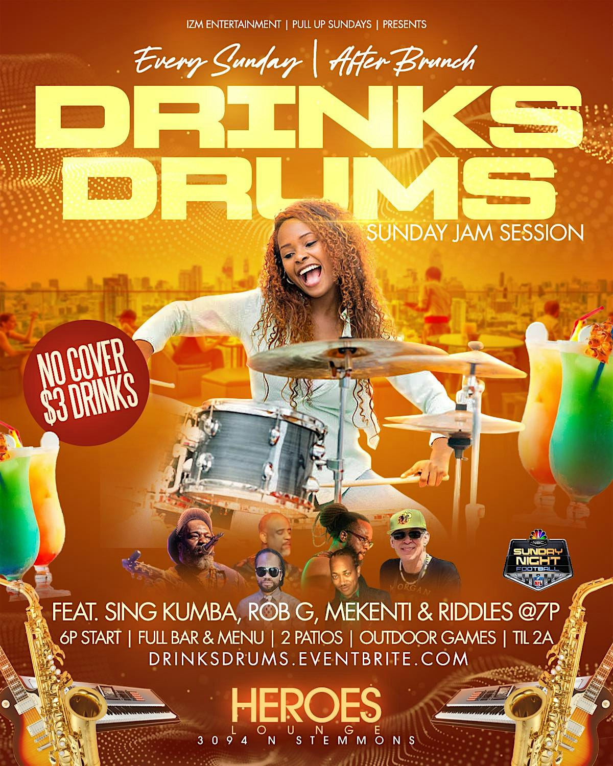 DRINKS & DRUMS | Live Band Open Mic & Open Stage at HEROES LOUNGE – DALLAS, TX