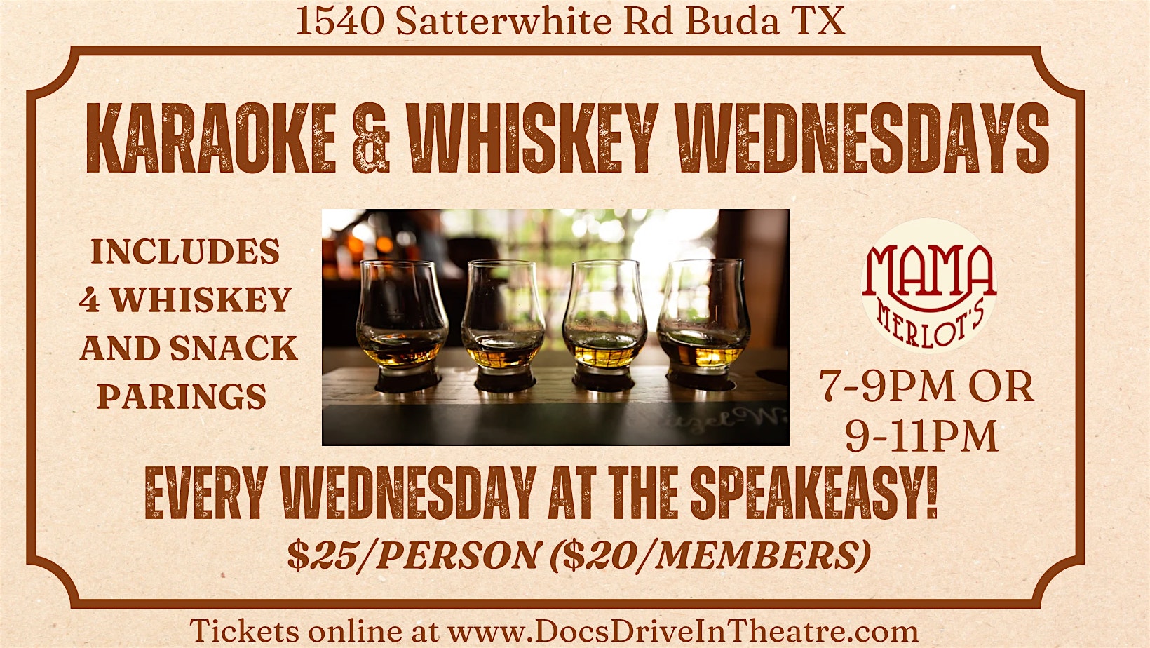 Karaoke and Whiskey Wednesday’s at the Speakeasy at Mama Merlot’s Speakeasy – Buda, TX