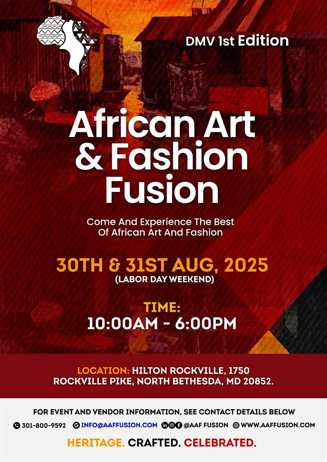 African Art & Fashion Fusion – Labor Day Weekend Showcase at Hilton Washington DC/Rockville Hotel & Executive Meeting Ctr – Rockville, MD