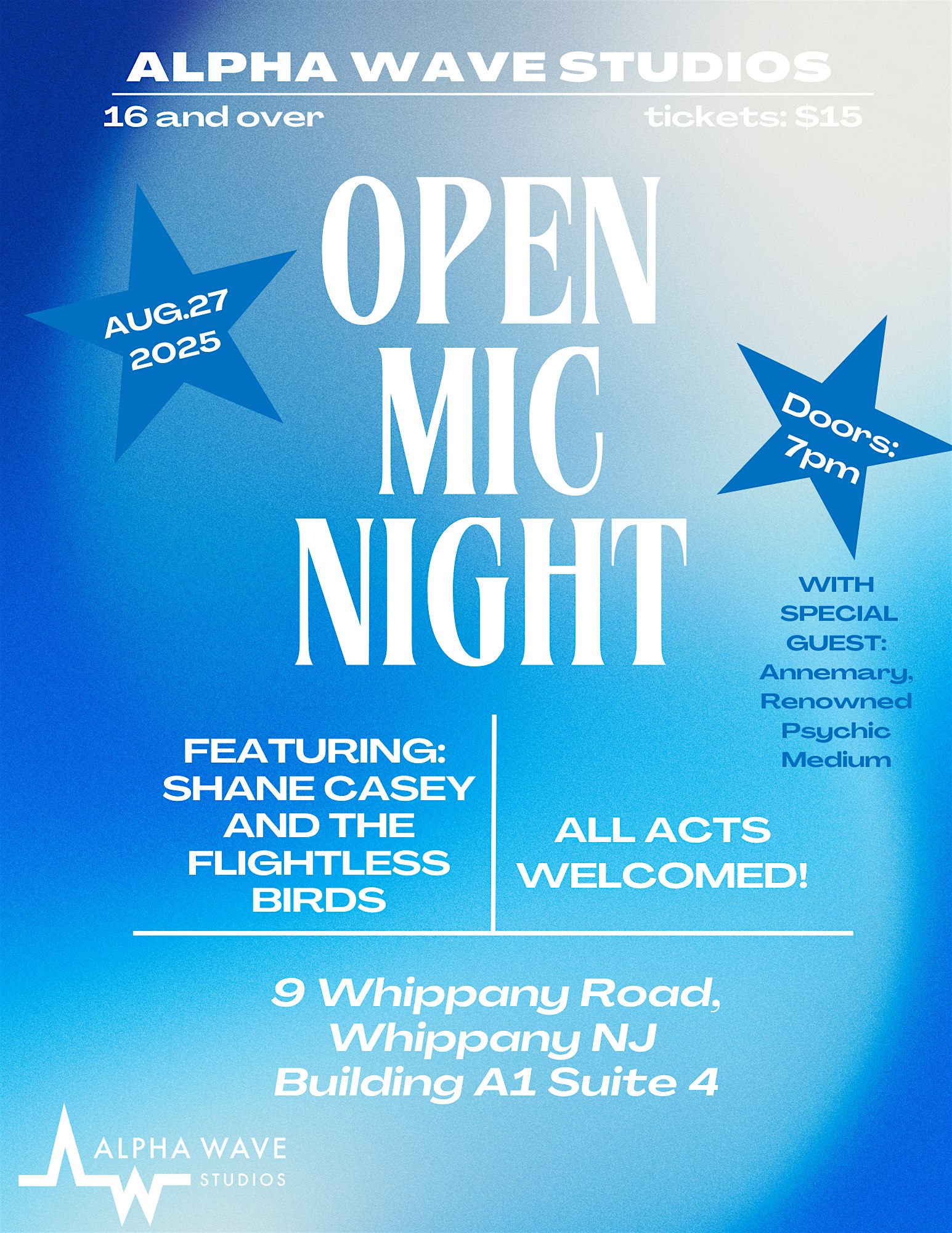 Open Mic Night @ Alpha Wave Studios! at 9 Whippany Rd – Hanover Township, NJ
