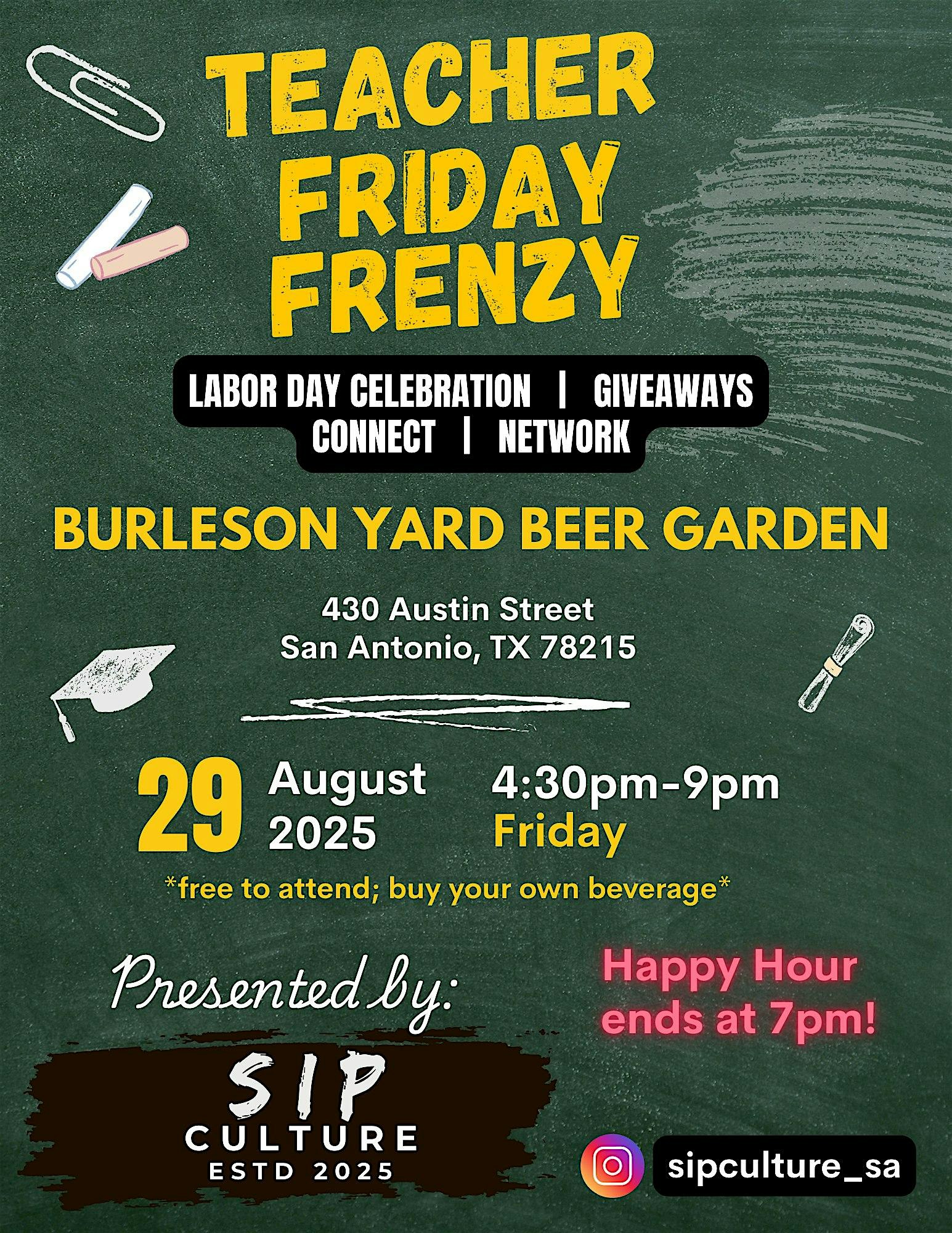 Teacher Friday Frenzy- Pre Labor Day 3 Weekend Celebration at Burleson Yard Beer Garden – San Antonio, TX