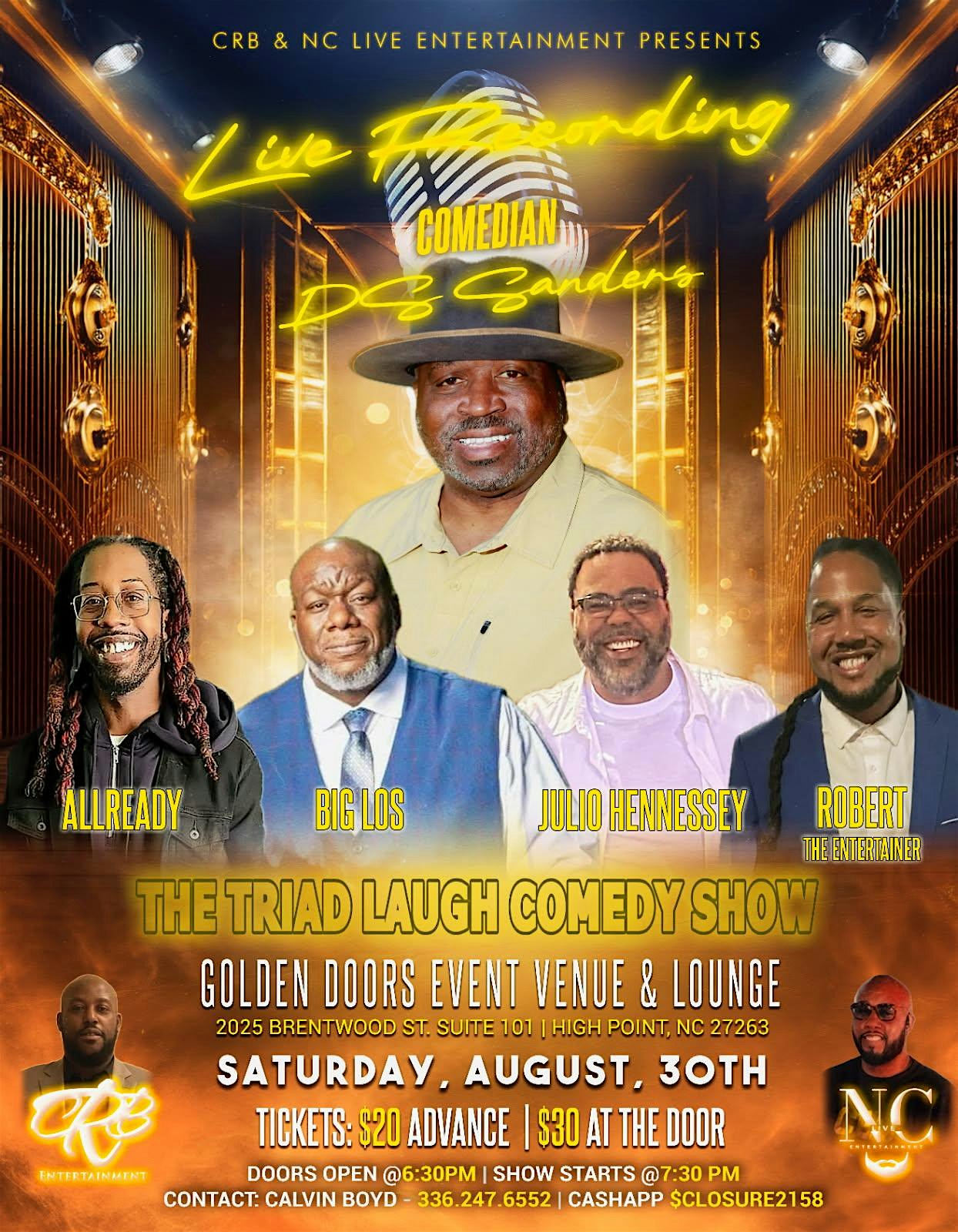 CRB and NC Live Entertainment PRESENTS the Triad Laugh Comedy Show at The Golden Doors Conference and Events Venue – High Point, NC