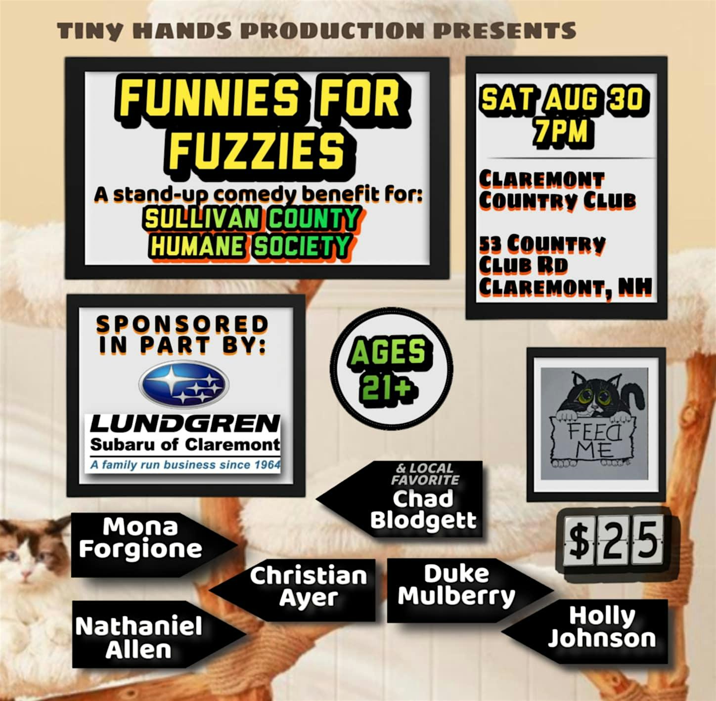 Funnies For Fuzzies: a comedy benefit for Sullivan County Humane Society at Claremont Country Club – Claremont, NH