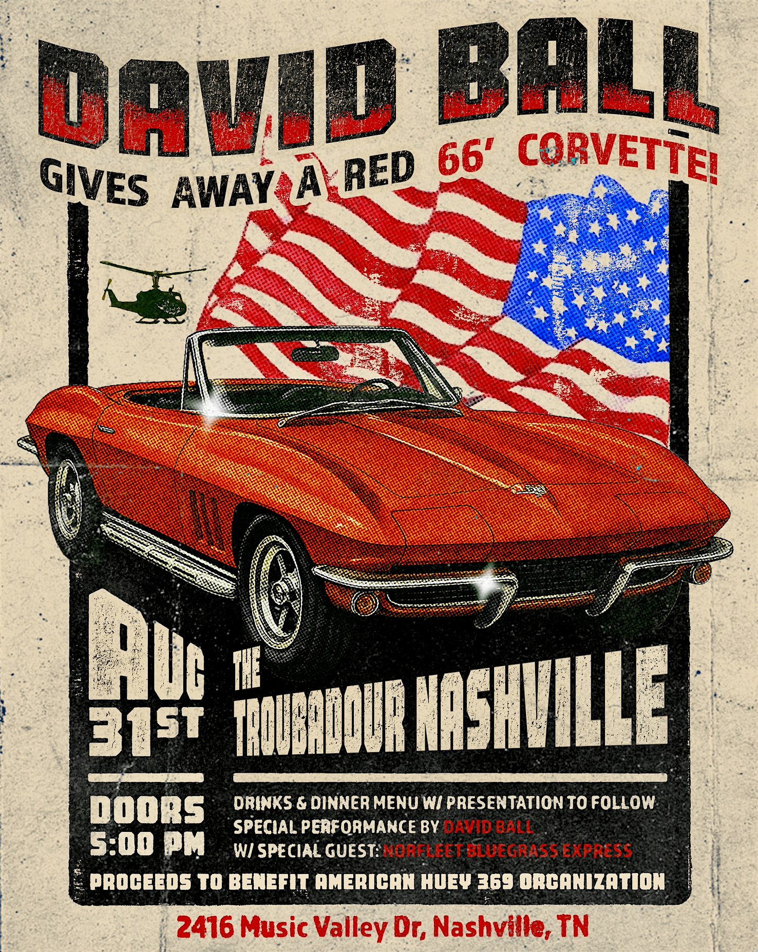 David Ball Gives Away A ’66 Corvette – Live at The Troubadour Nashville at 2416 Music Valley Dr – Nashville, TN